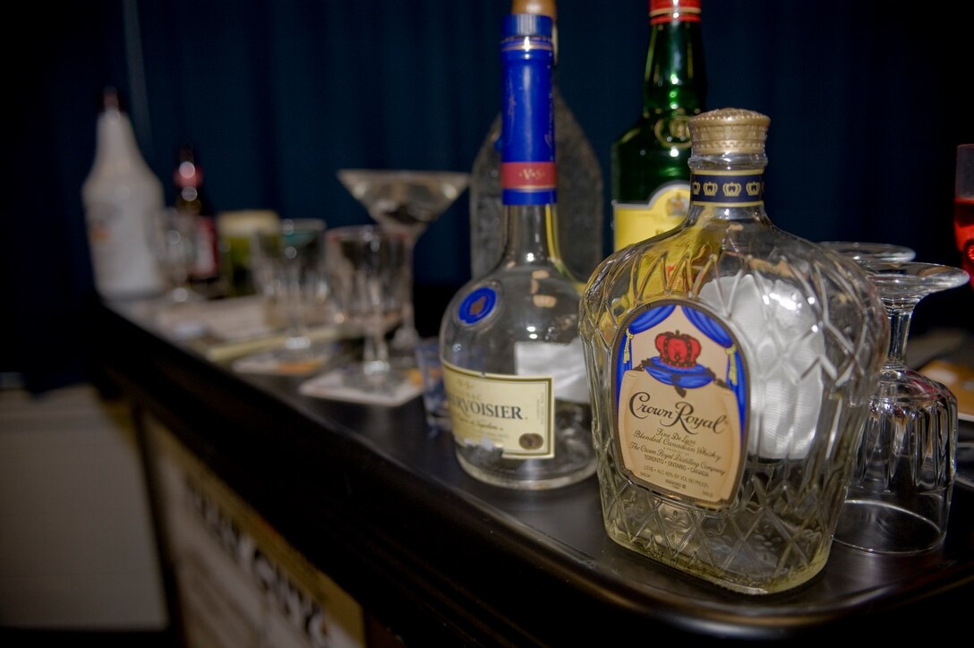 A mini bar is set up at the community center during the Alcohol Awareness Seminar sponsored by Military Pathways and the Langley Air Force Base Alcohol and Drug Abuse Prevention and Treatment (ADAPT) program at Langley AFB, Va., April 22, 2011. The mini bar was used as a visual aide to inform Joint Base Langley Airmen about the effects of alcohol on the body.  (U.S. Air Force photo by Senior Airman Brian Ybarbo/Released)