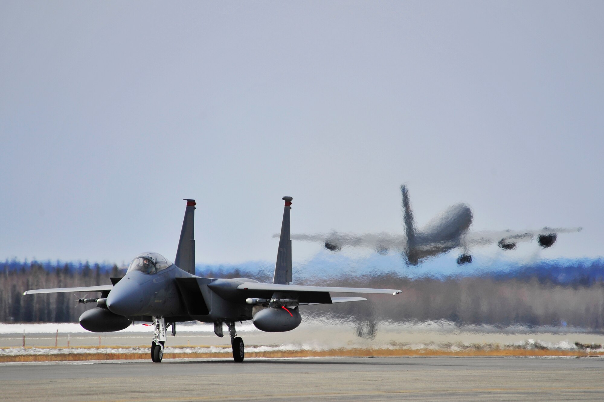 An F-15 Eagle taxis to the runway before conducting a simulated combat sortie over the Joint Pacific Alaska Range Complex during RED FLAG-Alaska, April 21, 2011. The JPARC covers more than 67,000 square miles and enables the military to have the largest air-ground training complex in America. The F-15 is assigned to the 44th Fighter Squadron, Kadena Air Base, Japan. (U.S. Air Force photo/Staff Sgt. Christopher Boitz)