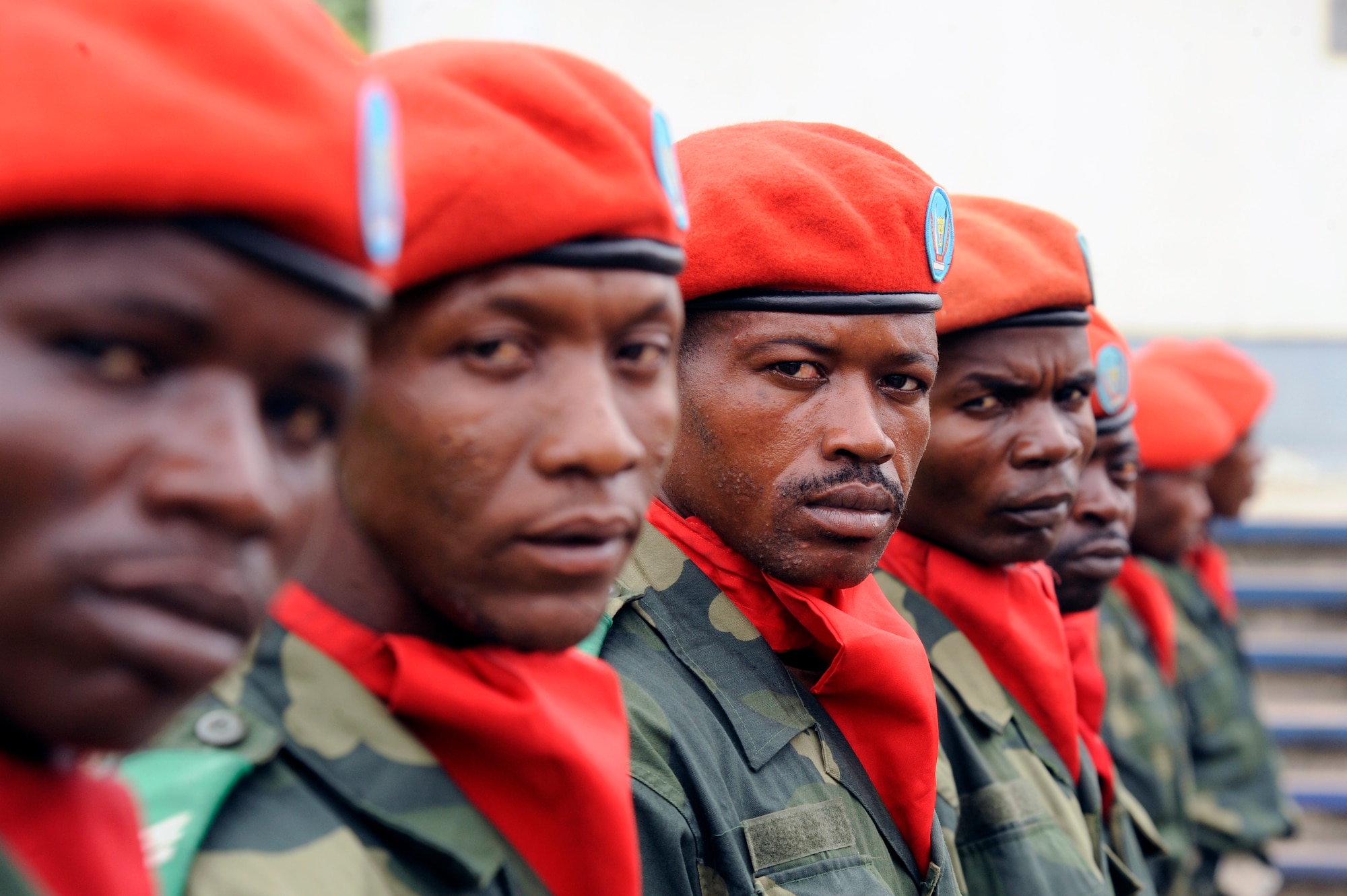 KINSHASA, Democratic Republic of the Congo ? Members of the Democratic Republic of the Congo?s military police force line up to prepare for a distinguished visitor entrance during the opening ceremonies for the MEDLITE 11 exercise, April 25, 2011. MEDLITE 11 is a joint medical exercise focused on aeromedical evacuation, to improve the readiness of U.S. Air Force and DRC personnel. (U.S. Air Force photo by Tech. Sgt. Todd Wivell)

