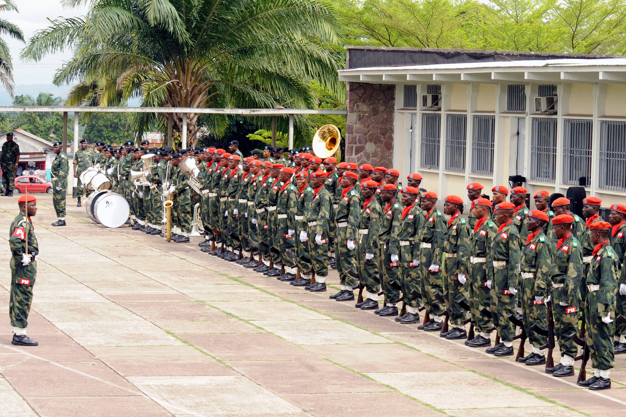 KINSHASA, Democratic Republic of the Congo ? Members of the Democratic Republic of the Congo?s military police force line up to prepare for a distinguished visitor entrance during the opening ceremonies for the MEDLITE 11 exercise, April 25, 2011. MEDLITE 11 is a joint medical exercise focused on aeromedical evacuation, to improve the readiness of U.S. Air Force and DRC personnel. (U.S. Air Force photo by Tech. Sgt. Todd Wivell)
