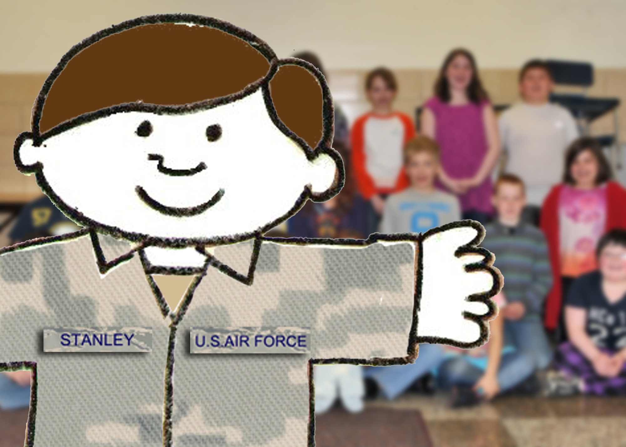 Elementary school students pose with Airman Flat Stanley April 6, 2011, Niagara Falls NY. Grade school students around Niagara County, NY were visited by Airmen of the 914th Airlift Wing and their special friend Flat Stanley. (U.S. Air Force graphic by Staff Sgt. Joseph McKee)