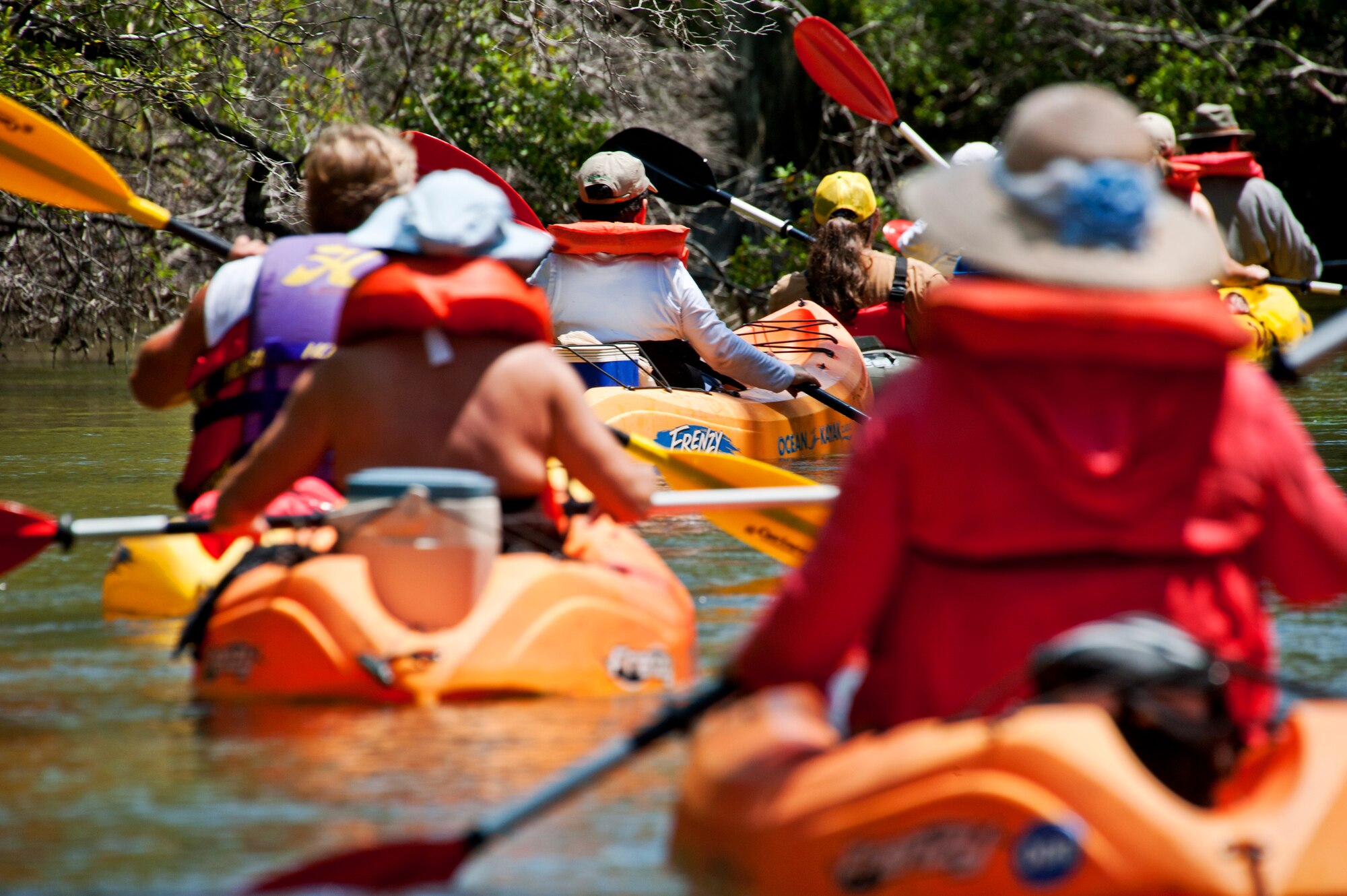 A line of eight kayakers drift down Turkey Creek April 21.  The second annual kayak tour, part of four days of trips, took 10 people down Turkey Creek deep within the Eglin range. The scenic tour showed off Eglin’s unique wild and plant life. The tour closed out Eglin’s week-long Earth Day celebration.  The kayaks were donated by Eglin's Outdoor Recreation for each day of the trip. (U.S. Air Force photo/Samuel King Jr.)

