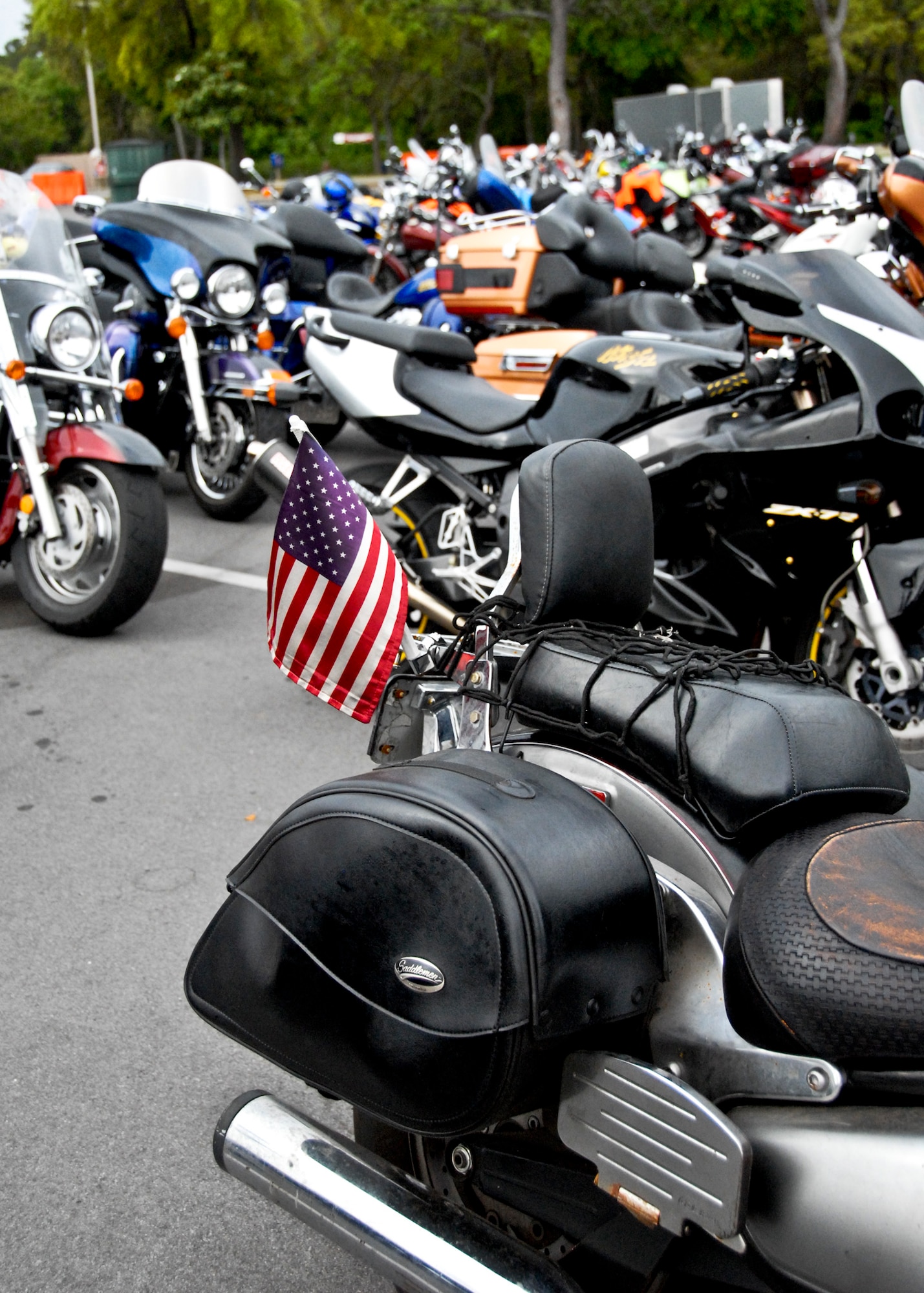 Lines of motorcycles sit ready to ride during Eglin’s Motorcycle Safety Day event, April 21.  The event brought out more than 600 riders to participate in safety discussions, a riding skills course and group ride. (U.S. Air Force photo/Sachel Seabrook)