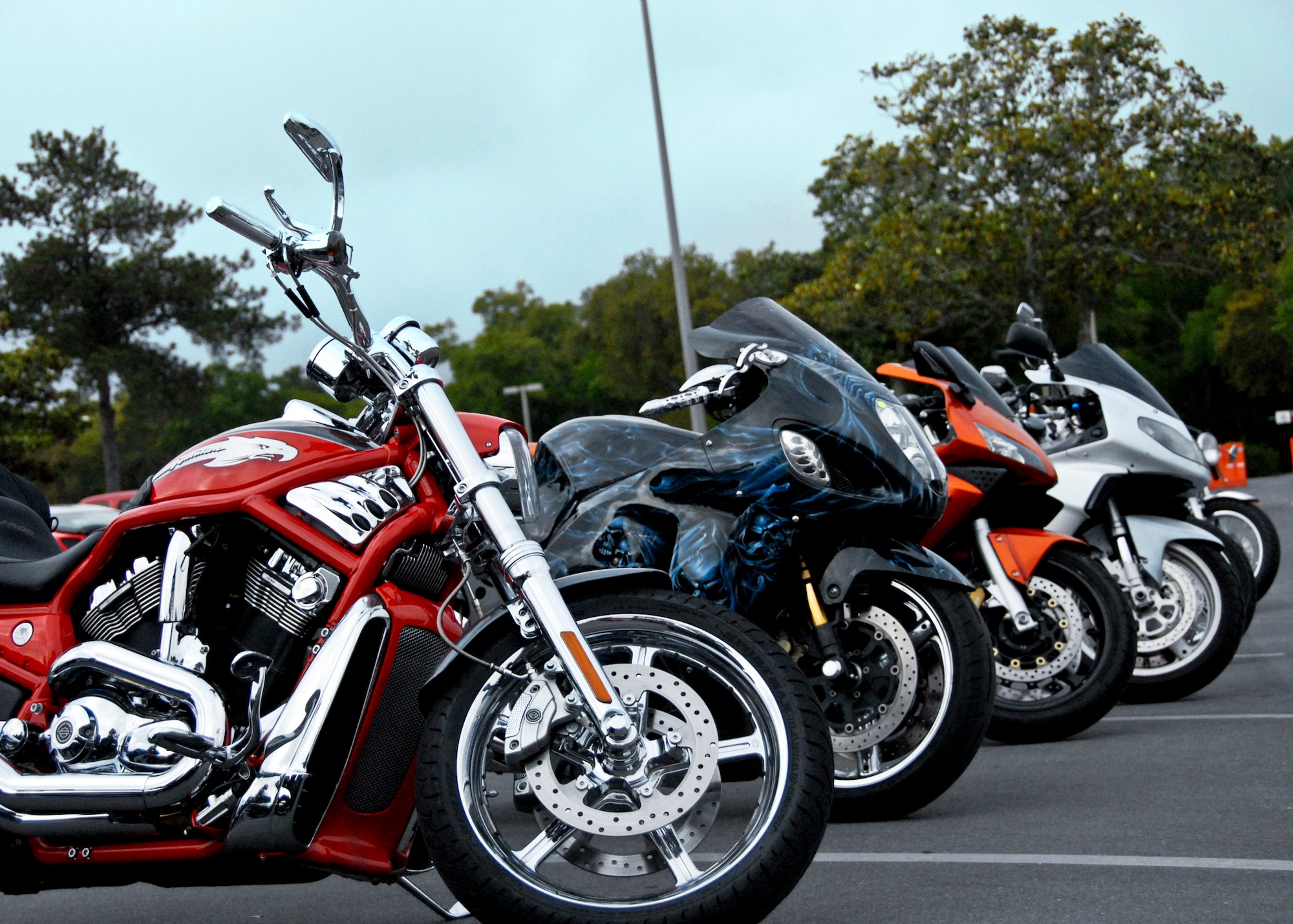 Lines of motorcycles sit ready to ride during Eglin’s Motorcycle Safety Day event, April 21.  The event brought out more than 600 riders to participate in safety discussions, a riding skills course and group ride. (U.S. Air Force photo/Sachel Seabrook)