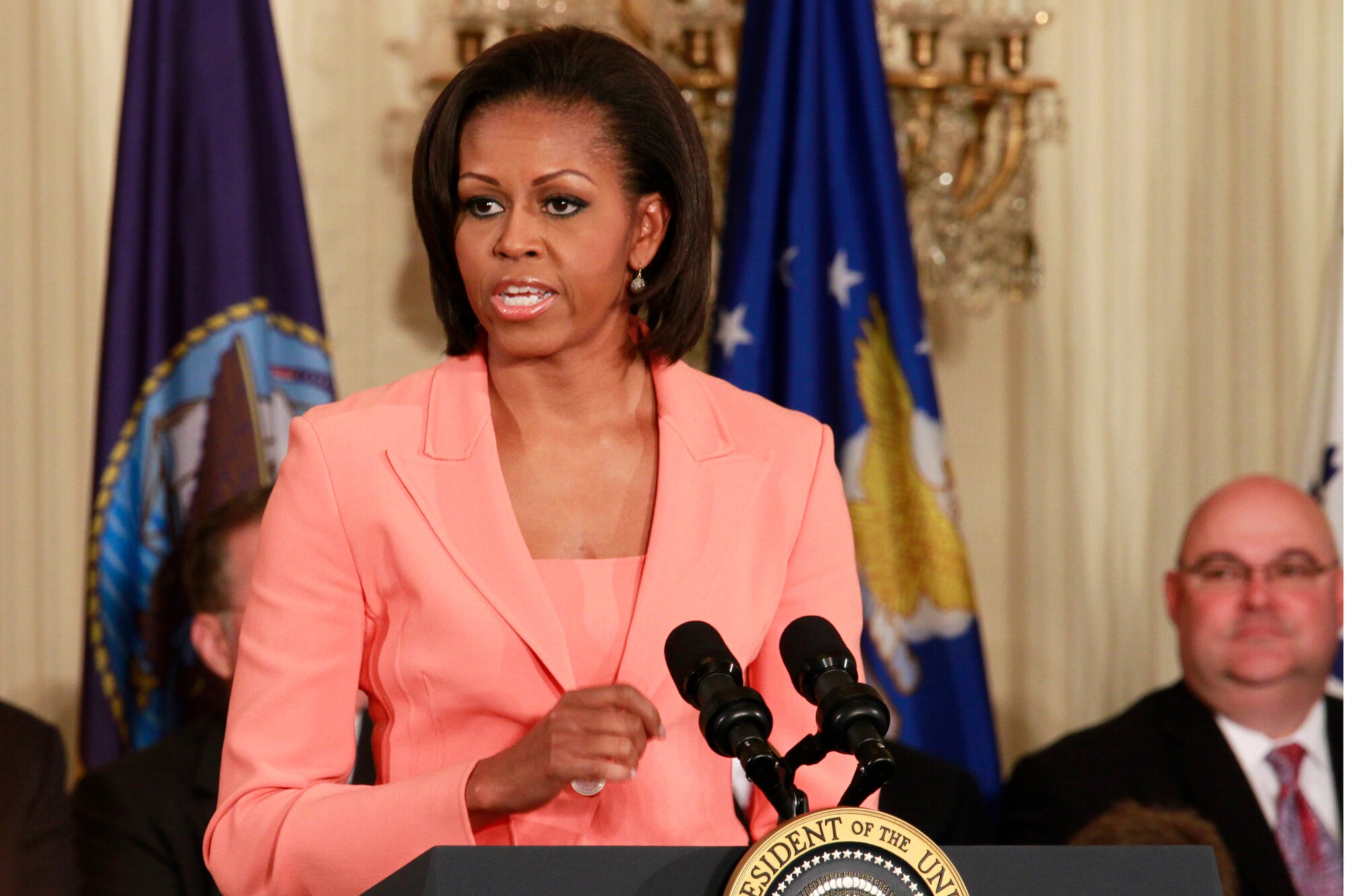 First Lady Michelle Obama urges all Americans to show their support for service members and their families during the launch of "Joining Forces," an initiative to raise awareness about the challenges facing military families, April 12, 2011. DOD photo by Linda Hosek  
