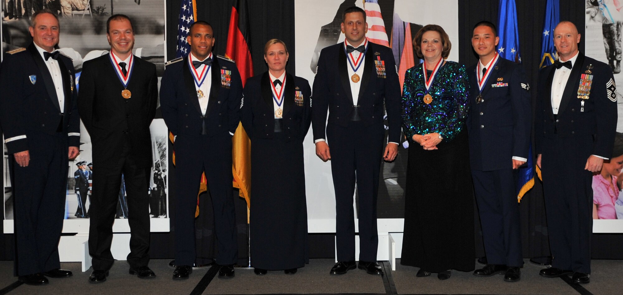 The annual awards winner pose for a photo with Gen. Mark A. Welsh III, U.S. Air Forces in Europe commander (far left), and Chief Master Sgt. Dave Williamson, USAFE command chief master sergeant (far right). The winners pictured are: 
Eren Ersoy, 39th Air Base Wing, Incirlik Air Base, Turkey; Capt. Gilbert Wyche, Master Sgt. Kathleen Ross and Tech. Sgt. Dustin Goodwin, 48th Fighter Wing, RAF Lakenheath, United Kingdom; and Theresa Vannier, 3rd Air Force and Senior Airman Johnny Nguyen, 86th Airlift Wing, Ramstein Air Base, Germany. Senior Master Sgt. Charles S. Miller, 52nd FW, Spangdahlem Air Base, Germany, is not pictured due to a current deployment. (U.S. Air Force photo/Senior Airman Caleb Pierce) 