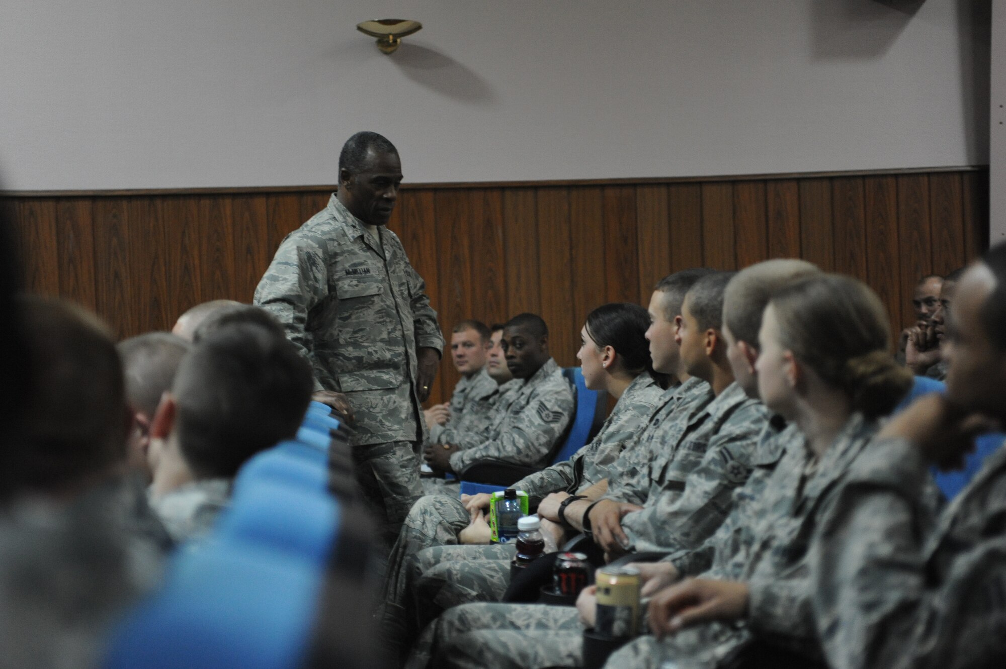 Brig. Gen. Jimmy E. McMillian, the director of security forces, deputy chief of staff for logistics, installations and mission support, Headquarters U.S. Air Force, Washington, D.C., speaks with Airmen from the 39th Security Forces Squadron during an all-call April 2, 2011, at Incirlik Air Base, Turkey. General McMillian visited Incirlik to congratulate the 39th Security Forces Squadron for being the United States Air Forces in Europe 2010 Outstanding Active Duty Large Security Forces Unit. (U.S. Air Force photo by Airman 1st Class Clayton Lenhardt)