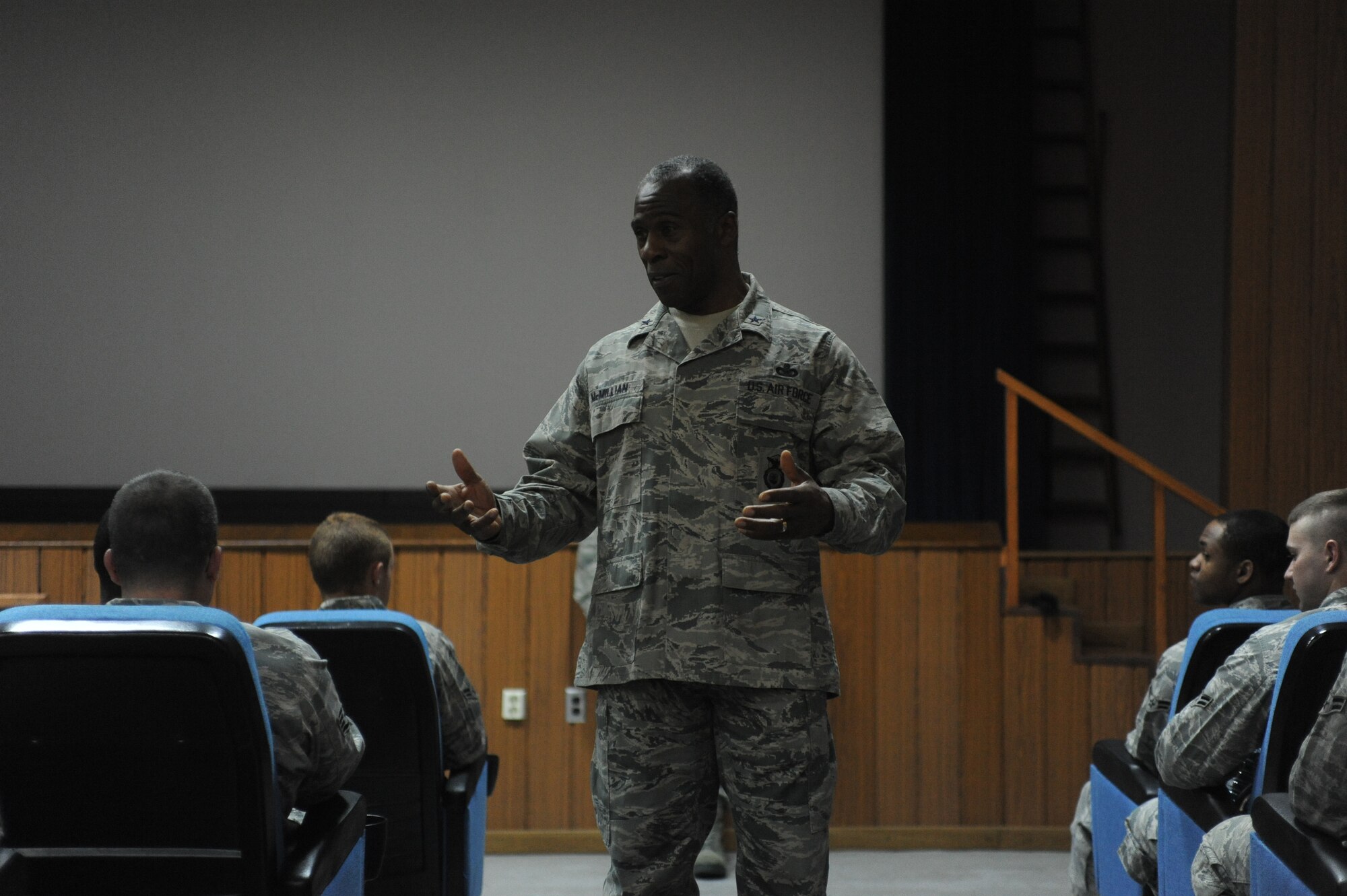 Brig. Gen. Jimmy E. McMillian, the director of security forces, deputy chief of staff for logistics, installations and mission support, Headquarters U.S. Air Force, Washington, D.C., speaks with Airmen from the 39th Security Forces Squadron during an all-call April 2, 2011, at Incirlik Air Base, Turkey. General McMillian visited Incirlik to congratulate the 39th Security Forces Squadron for being the United States Air Forces in Europe 2010 Outstanding Active Duty Large Security Forces Unit. (U.S. Air Force photo by Airman 1st Class Clayton Lenhardt)