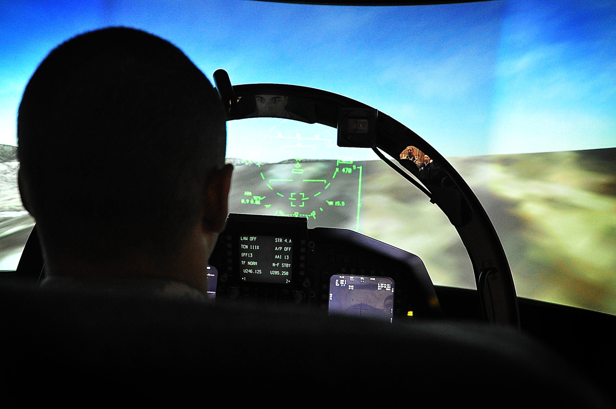 Boeing made available a F-15K simulator with 180 degree display to Osan Air base, Republic of Korea, personnel , April 25. Loaded with realistic scenarios, the simulator gave a real feel to the operator enabling Airmen to hop in the cockpit and take out enemy aircraft as well as bomb labeled facilities. The F-15 was armed with two laser guided missiles and one bomb for each mission.  After each mission Airmen rotated out and discussed amongst each other how difficult flying is. (U.S. Air Force Photo by/ Staff Sgt. Daylena Gonzalez)