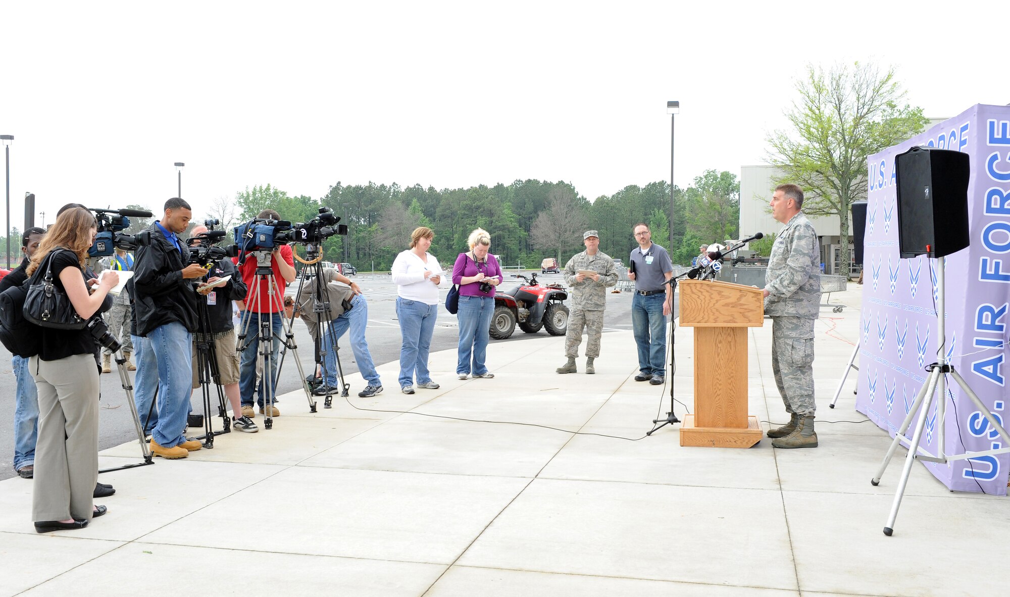 Col. Mike Minihan, 19th Airlift Wing commander, speaks with local media members April 26, 2011, at Little Rock Air Force Base, Ark., and answers questions about the base’s post-tornado recovery efforts. A tornado struck the base at approximately 8 p.m. April 25.  (U. S. Air Force photo by Airman 1st Class Ellora Stewart)
