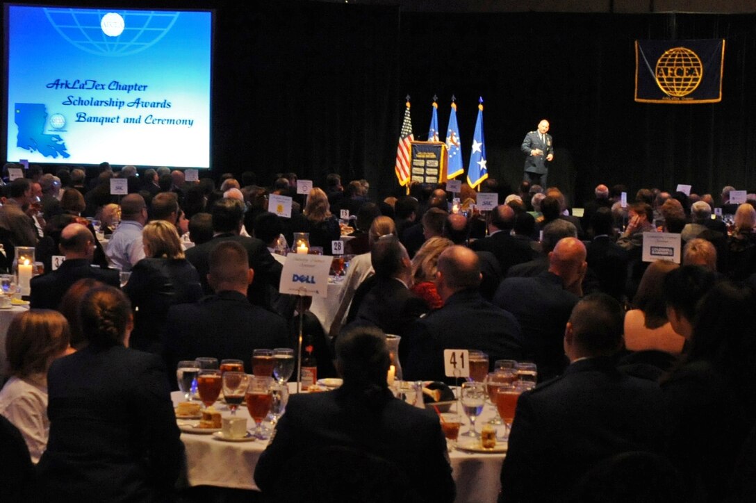 The commander of Air Force Global Strike Command, Lt. Gen. Jim Kowalski, addresses the audience at the Armed Forces Communications and Electronics Association Ark-La-Tex Chapter Scholarship Awards Ceremony at Sam’s Town Casino in Shreveport, La., April 21. General Kowalski was the guest speaker for the event, where ten scholarships were presented to local high school students planning careers in math, science and technology. (U.S. Air Force photo/Airman 1st Class Micaiah Anthony)