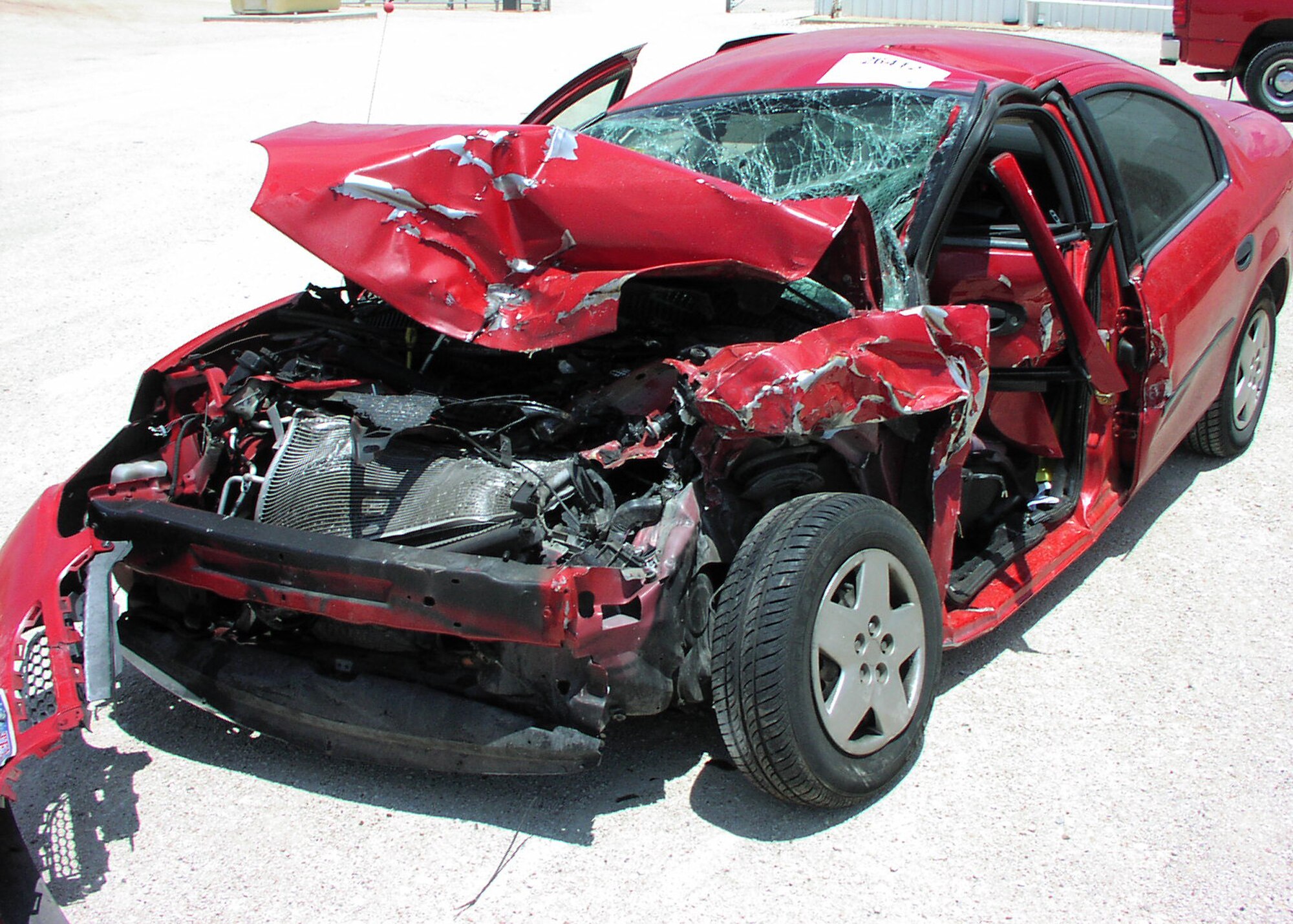 BUCKLEY AIR FORCE BASE, Colo. -- Shown is the damaged car of Lt. Col. Kelly Kanapaux's daughter. The damage was done to the vehicle after a suspected drunk driver turned into oncoming traffic and crashed into his daughter's car almost head-on. (Photo courtesy of Lt. Col. Kelly Kanapaux)
