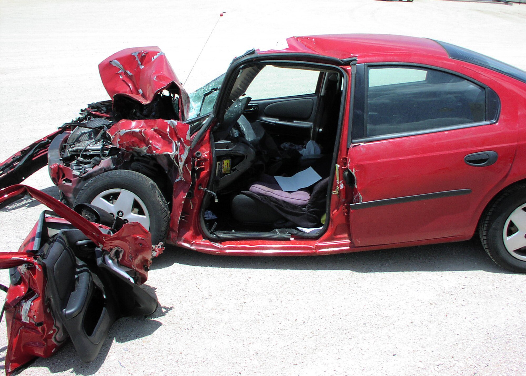 BUCKLEY AIR FORCE BASE, Colo. -- Shown is the damage to the car of Lt. Col. Kelly Kanapaux's daughter. This photo shows the impact damage done to his daughter's vehicle after a suspected drunk driver turned into oncoming traffic and crashed into his daughter's car almost head on. ( Photo courtesy of Lt. Col. Kelly Kanapaux)
