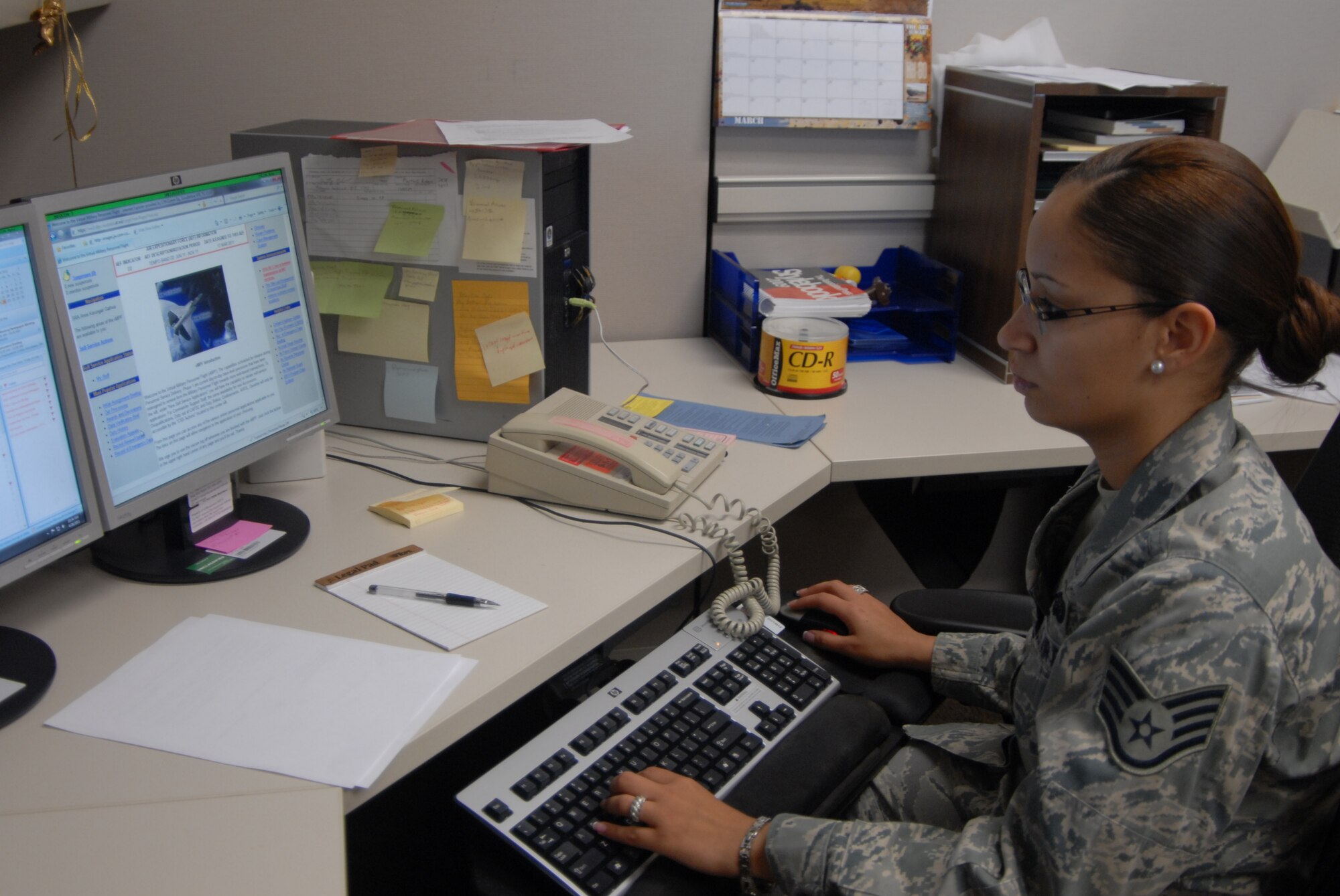 GOODFELLOW AIR FORCE BASE, Texas - Staff Sgt. Laura Garcia, 17th Force Support Squadron Outbound Assignments Assistant NCOIC works on a client's report April 26. (U.S. Air Force photo/Senior Airman Anne Gathua)