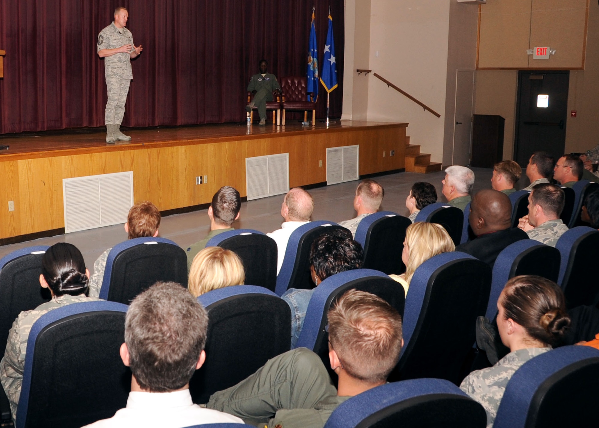 ALTUS AIR FORCE BASE Okla. - Chief Master Sgt. James A. Cody, command chief of Air Education Training Command, speaks to Airmen at the base theater April 22. Chief Cody spoke about a variety of subjects including the importance of getting to know your fellow Airmen. ( U.S. Air Force photo by Airman 1st Class Christopher Toon/97th Air Mobility Wing –Public Affairs)