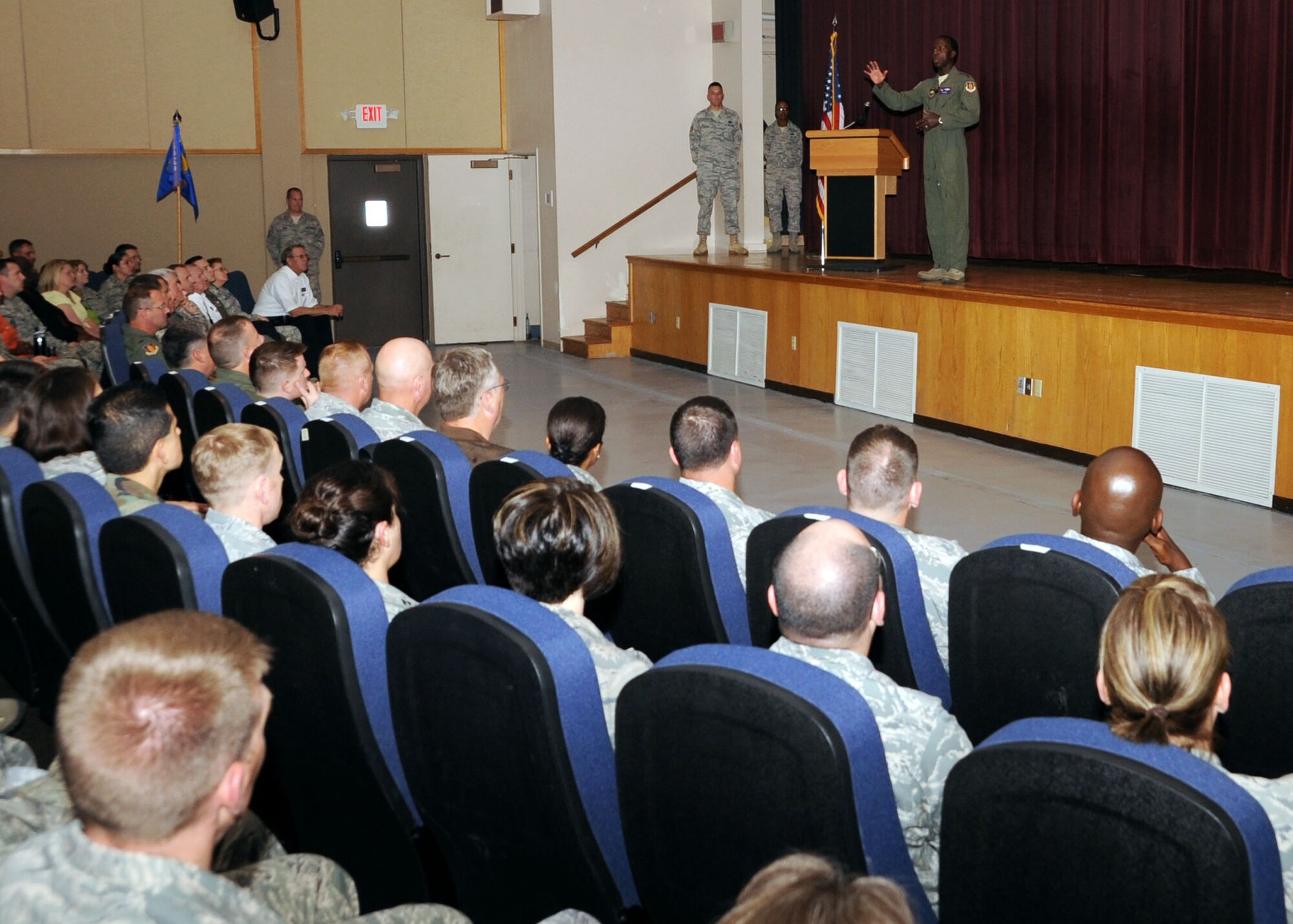 ALTUS AIR FORCE BASE Okla. – General Edward A. Rice Jr., commander of Air Education Training Command , speaks to Airmen at the base theater April 22. General Rice spoke about  a number of topics including the repeal of don’t ask don’t tell, Japan earth quake recovery efforts, and fiscal responsibility then he answered Airmen’s questions.( U.S. Air Force photo by Airman 1st Class Christopher Toon/97th Air Mobility Wing –Public Affairs)