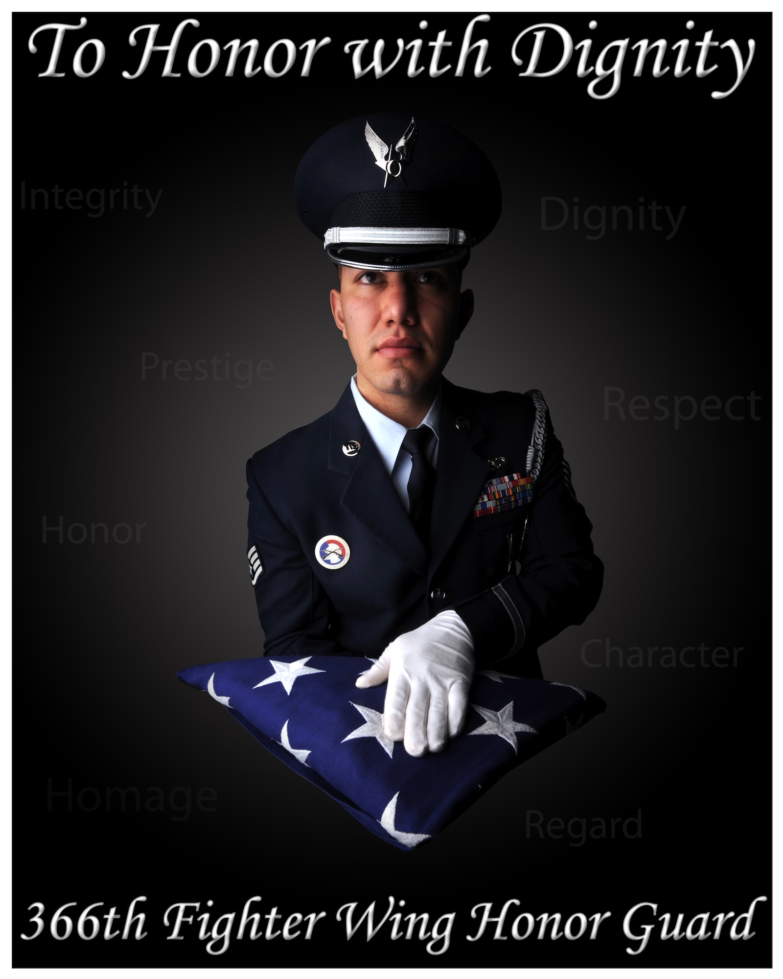 MOUNTAIN HOME AIR FORCE BASE, Idaho-- All members of the Honor Guard have the responsibility of representing the United States and the Air Force in a variety of military and civilian ceremonies. The ceremonial guardsmen is an individual of good reputation, having integrity, ethical conduct and exhibiting standards which merit respect; responsible for protecting and overseeing the maintenance of standards on and off duty. Applications to join the base honor guard can be picked up from your first sergeant. (U.S. Air Force illustration by Senior Airman Debbie Lockhart)