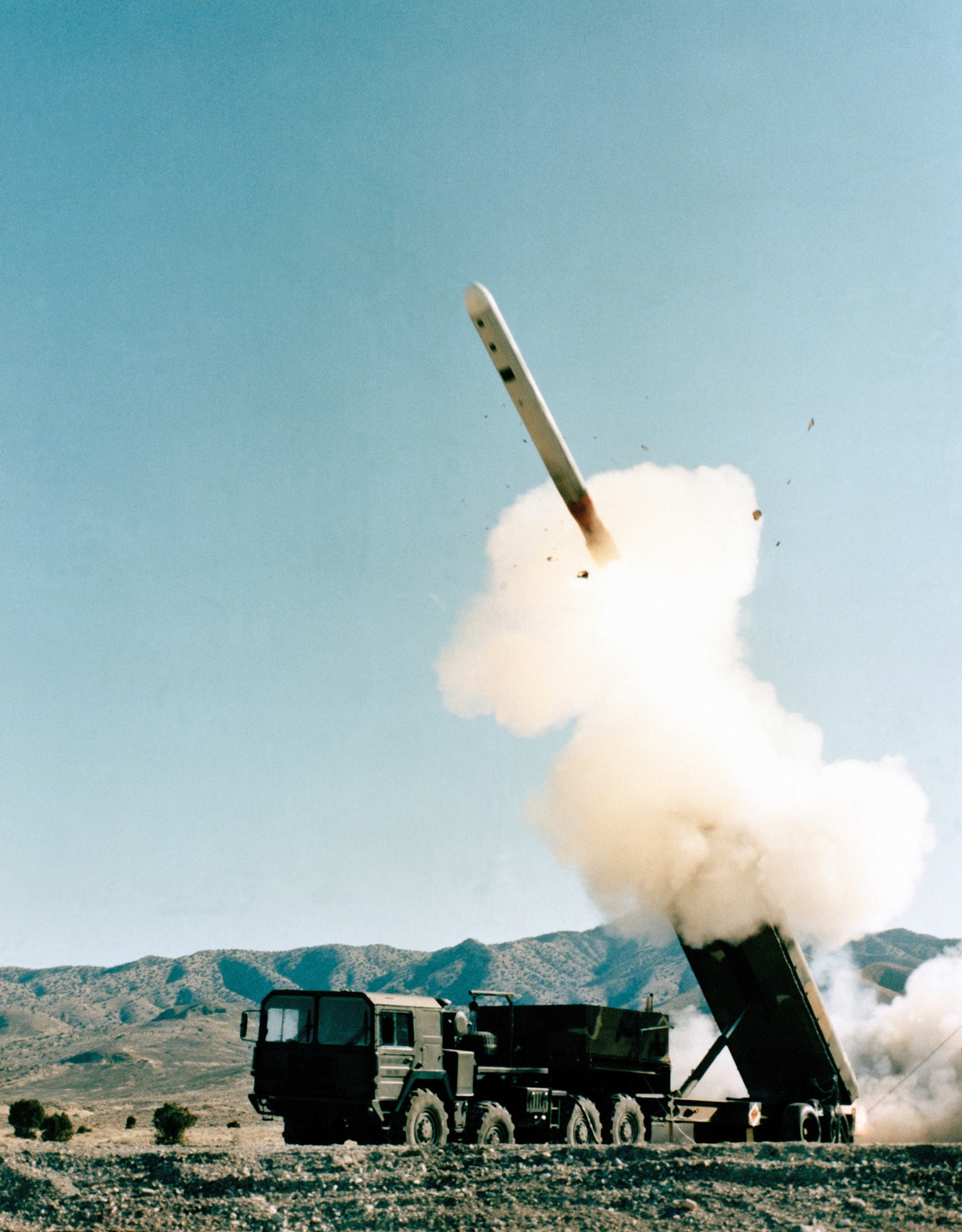 GLCM emerging from the Transporter-Erector Launcher (TEL) during a test firing. (U.S. AIr Force photo).