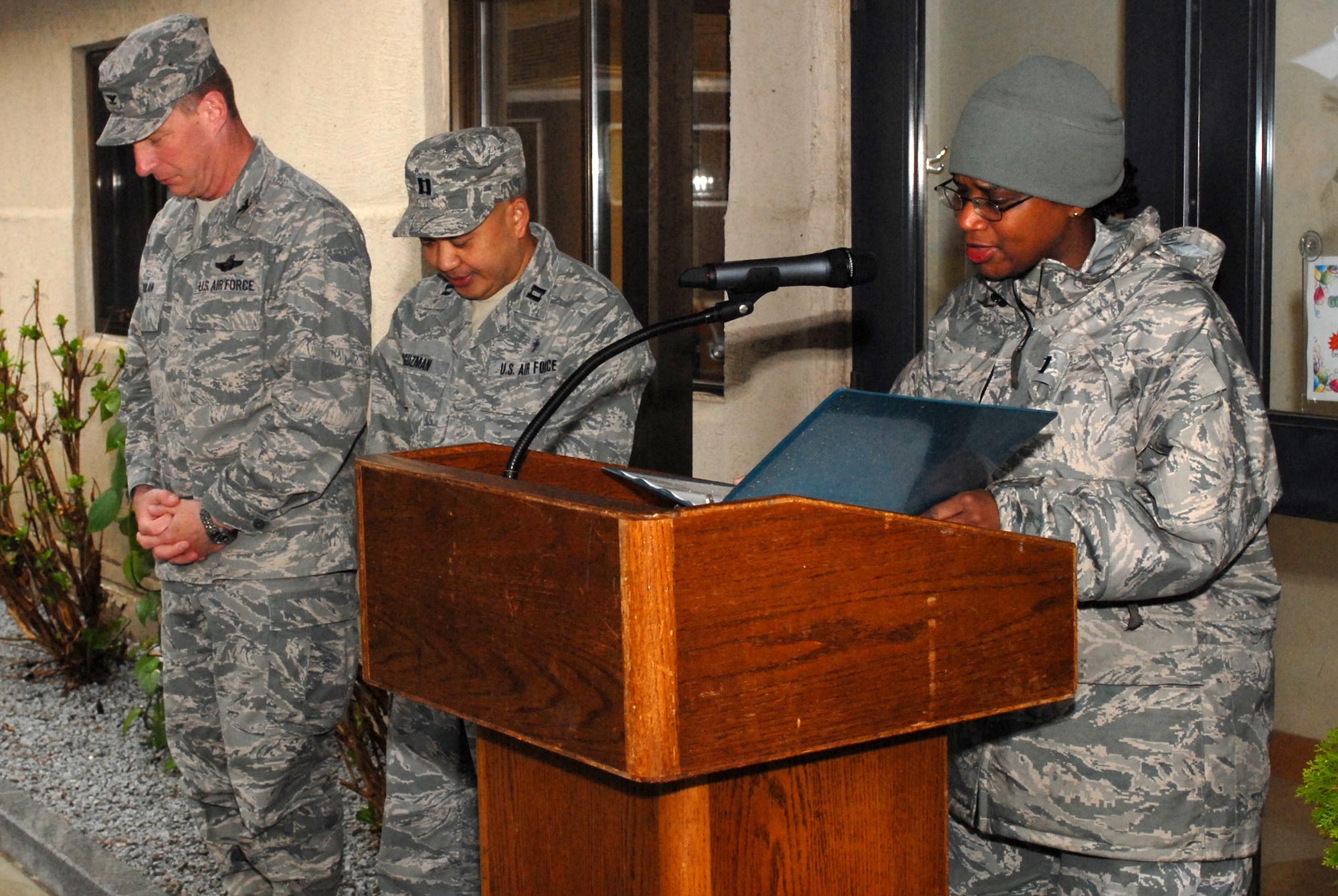 KUNSAN AIR BASE, Republic of Korea -- Chaplain (Capt.) Deborah Hughley, 8th Fighter Wing chaplain, begins the ribbon cutting ceremony at the newly renovated SonLight Inn with a prayer here April 22. The SonLight Inn had been shut down while repairs were made and upgraded equipment was installed. (U.S. Air Force photo/Tech. Sgt. Jonathan Pomeroy)