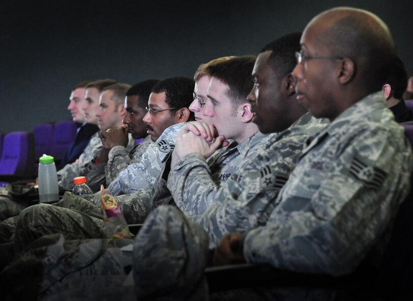 The attitude of the Airmen changed during the skit that talked about rape during the performance of the show, "Sex Signals" at Osan's base theater April 25. "Sex Signals" presents a series of various dating scenes performed by professional actors who bring realistic circumstances to life and allow Airmen to learn about sexual assault in a "lively and humorous" way. In some cases talking about very serious subject matter. (U.S. Air Force photo/Staff Sgt. Chad Thompson)