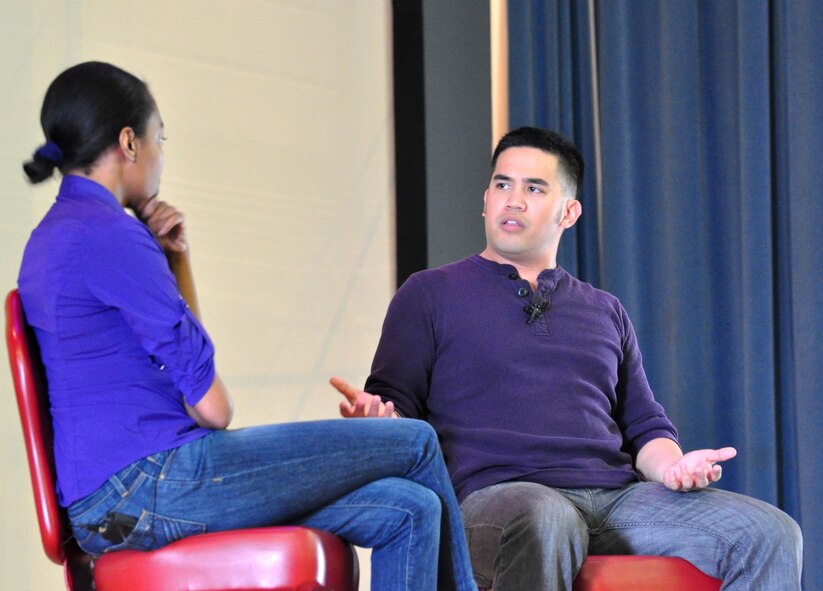 In this scene, Sharyon Culberson and Pogi Sumangil, both professional actors, talk about a serious subject of rape during a performance of the show, "Sex Signals" at Osan's base theater April 25 and 26. "Sex Signals" presents a series of various dating scenes performed by professional actors who bring realistic circumstances to life and allow Airmen to learn about sexual assault in a "lively and humorous" way. In some cases talking about very serious subject matter. (U.S. Air Force photo/Staff Sgt. Chad Thompson)