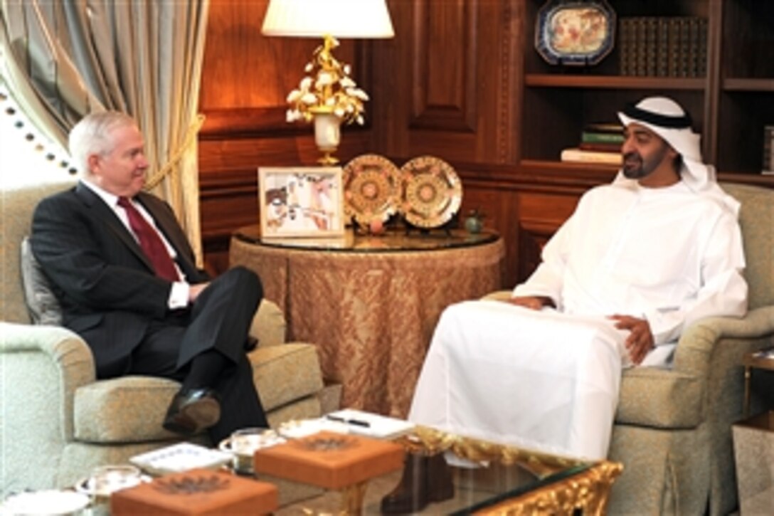 Secretary of Defense Robert M. Gates meets with the Crown Prince of the United Arab Emirates Sheikh Mohamed Bin Zayed Al Nahyan in McLean, Va., on April 26, 2011.  