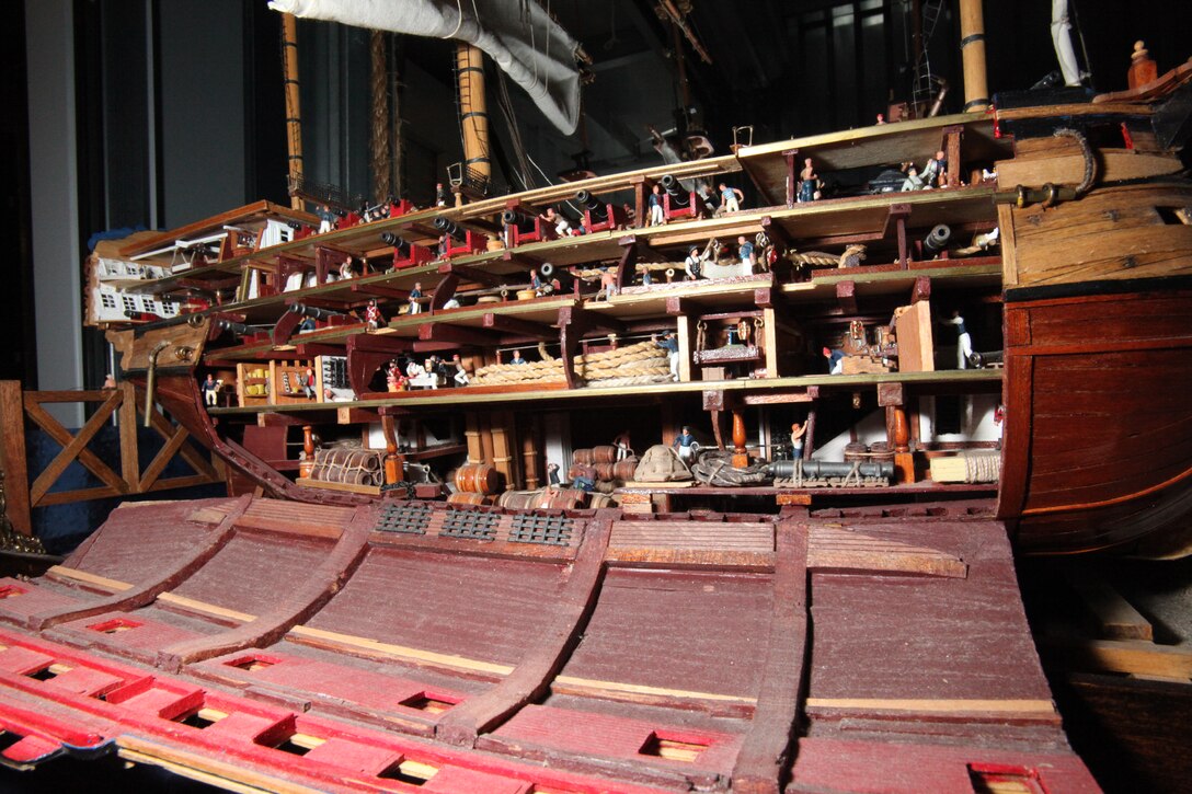 This 74-gun 3rd rate ship-of-the-line of the 18th century depicts many pre through post battle scenes above and below decks. Frangiosa builds dioramas like this and then loans them to nearby museums. This piece was previously displayed aboard the USS North Carolina museum ship and has an appraised value of $16,000.