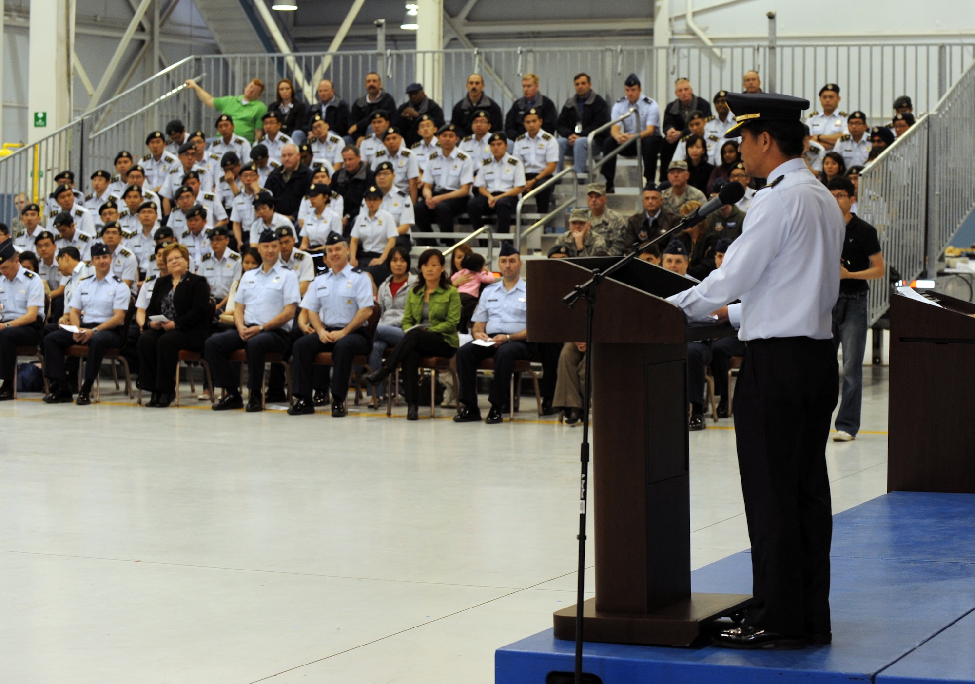 MOUNTAIN HOME AIR FORCE BASE, Idaho – Senior Lt. Col. Tommy Tan gives a farewell speech during a Change of Appointment Ceremony held in hangar 1329, April 15. Lt. Col. Linus Tan Jin Kiat assumed the appointment of senior Republic of Singapore air force officer  of the Peave Carvin V detachment. (U.S. Air Force photo by Senior Airman Debbie Lockhart)
