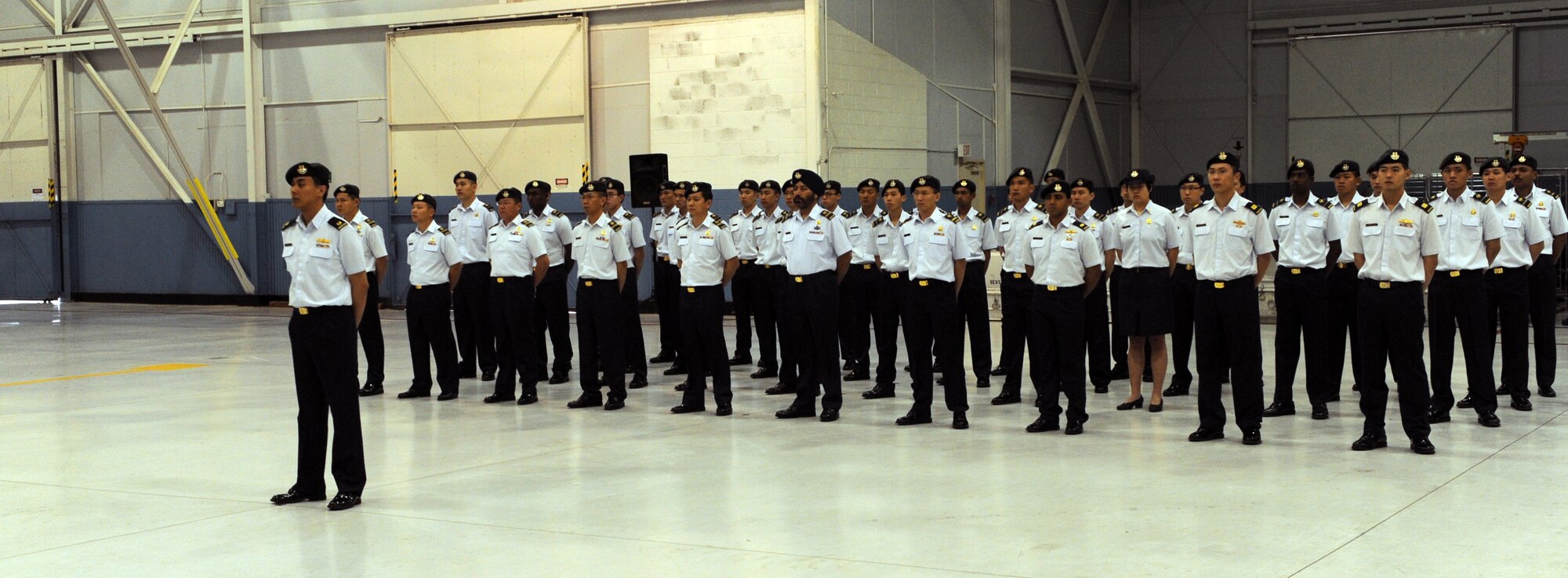 MOUNTAIN HOME AIR FORCE BASE, Idaho – A formation of Airmen from the 428th Fighter Squadron  stand at parade rest during a Change of Appointment Ceremony held in hangar 1329, April 15. Lt. Col. Linus Tan Jin Kiat assumed the appointment of senior Republic of Singapore air force officer  of the Peave Carvin V detachment. (U.S. Air Force photo by Senior Airman Debbie Lockhart)