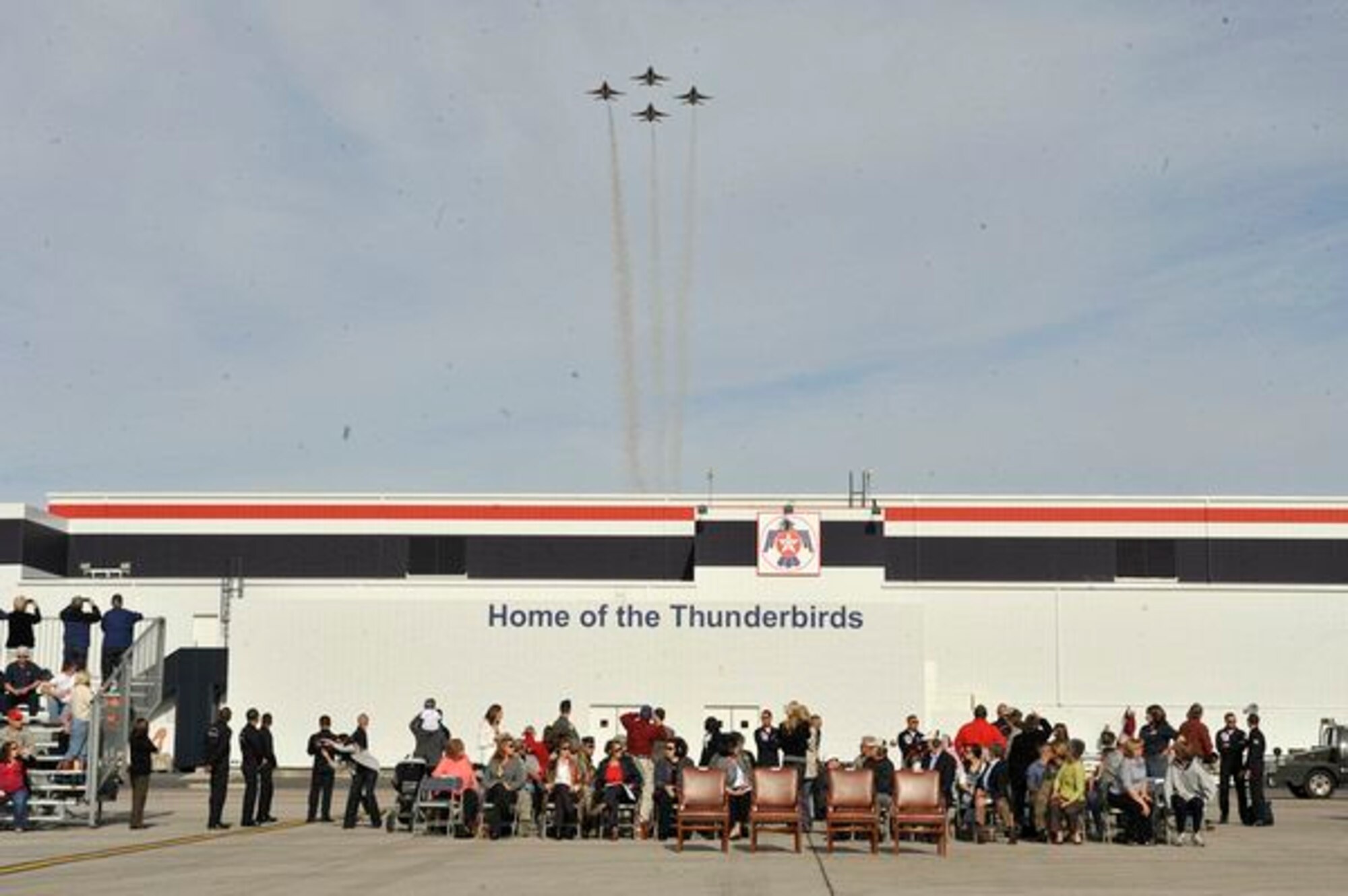 The U.S. Air Force Air Demonstration Squadron "Thunderbirds" fly in the "Diamond" formation during their acceptance performance for Gen. William Fraser, commander of Air Combat Command, at Nellis Air Force Base, Nev., March 10, 2011. The Thunderbirds will headline AirPower over Hampton Roads, Langley AFB's signature air show, May 13-15, 2011. (U.S. Air Force photo/Staff Sgt. Richard Rose, Jr.)