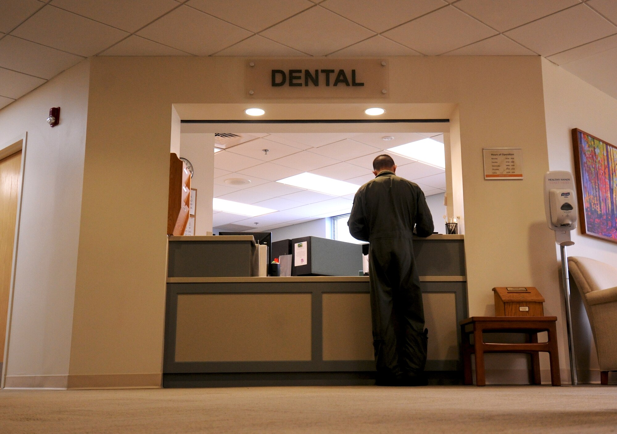 The Dental Clinic is located in the 23rd Medical Group building. Their hours are Monday-Friday from 7:30 a.m.  until 4:30 p.m. with the exception of Wednesday when they open at 8:00 a.m. due to weekly training. The Dental Clinic also provides sick call hours for dental emergencies Monday through Friday at 7:30 a.m. and 1:00 p.m. Personnel can come to the clinic during these hours without an appointment. (U.S. Air Force photo/Airman 1st Class Benjamin Wiseman)(RELEASED)

