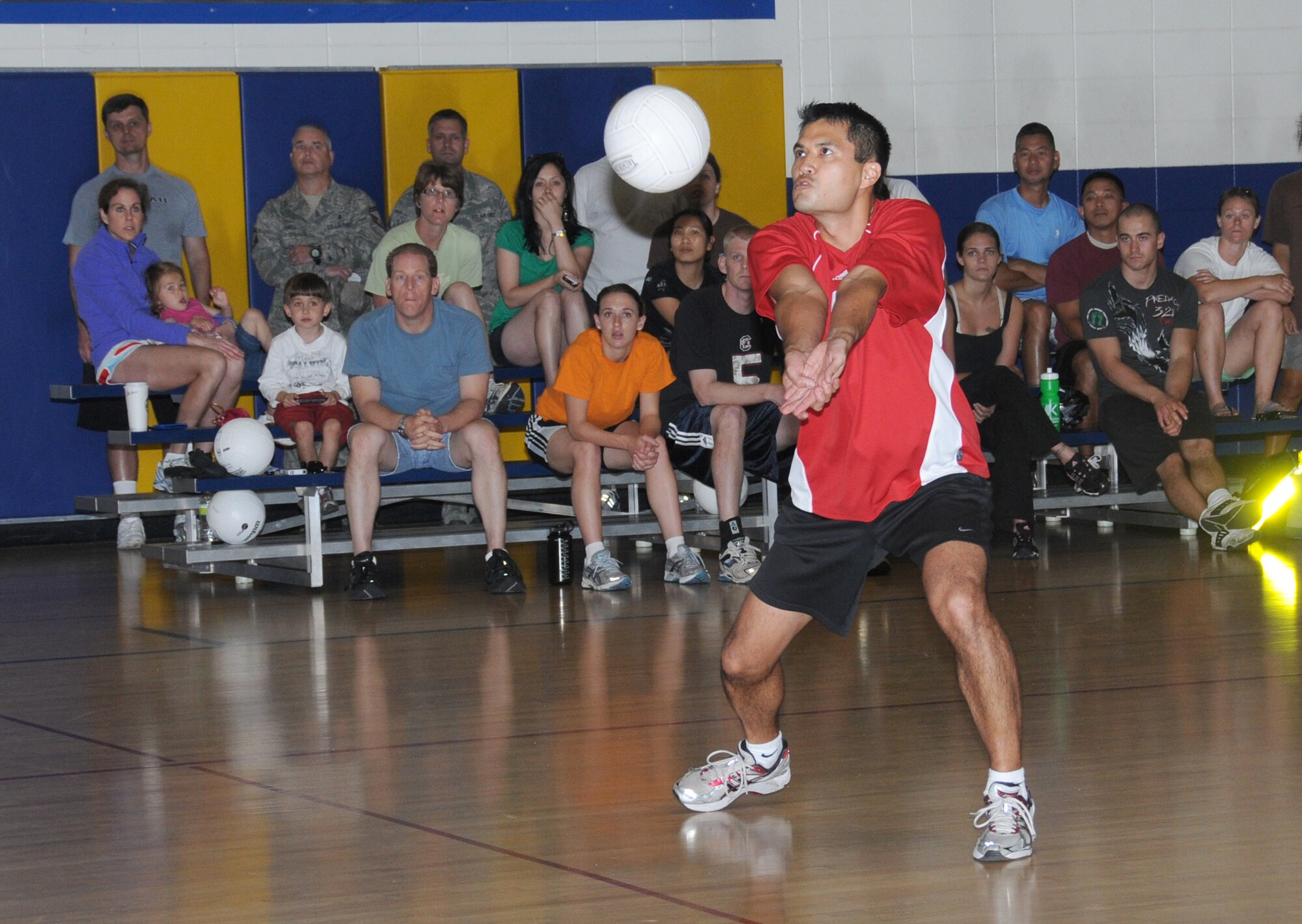 Geoffrey Sasaki led the 81st MDTS attack with four kills, seven digs and one block in
the championship round.  (U.S. Air Force photo by Kemberly Groue)