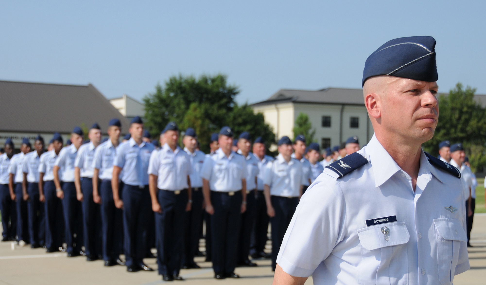 Colonel Downing stands at attention during the 81st TRW change of command ceremony Aug. 2.  (U.S. Air Force photo by Kemberly Groue)