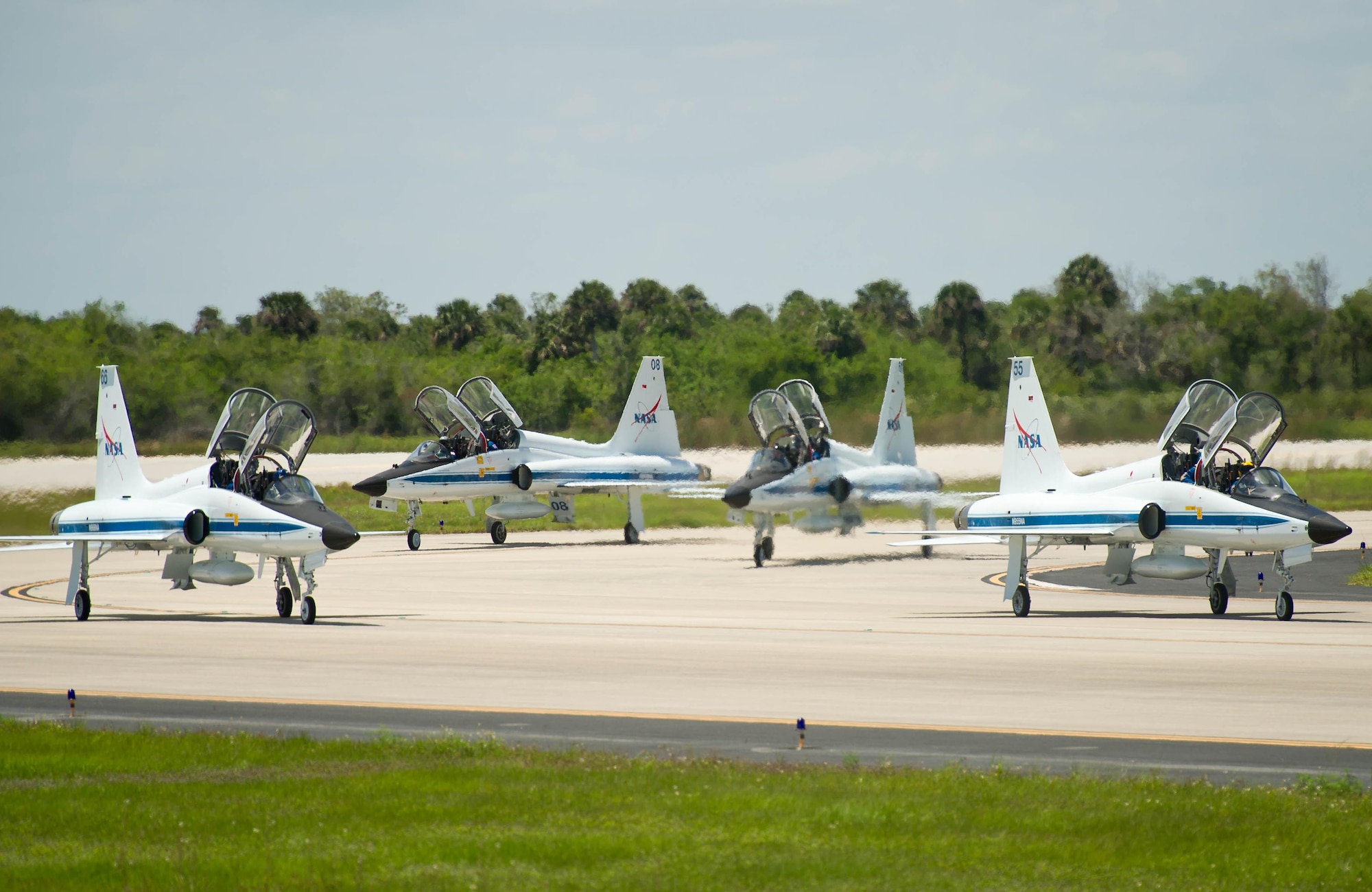 The STS-134 crew arrived in T-38 jets April 26, 2011, at the NASA Kennedy Space Center Shuttle Landing Facility in Cape Canaveral, Fla.  The Space Shuttle Endeavour will be piloted by retired Col. Gregory Johnson, a 1984 Air Force Academy graduate. Launch for the 14-day mission is scheduled for April 29 at 3:47 p.m. EDT. (NASA photo/Bill Ingalls)