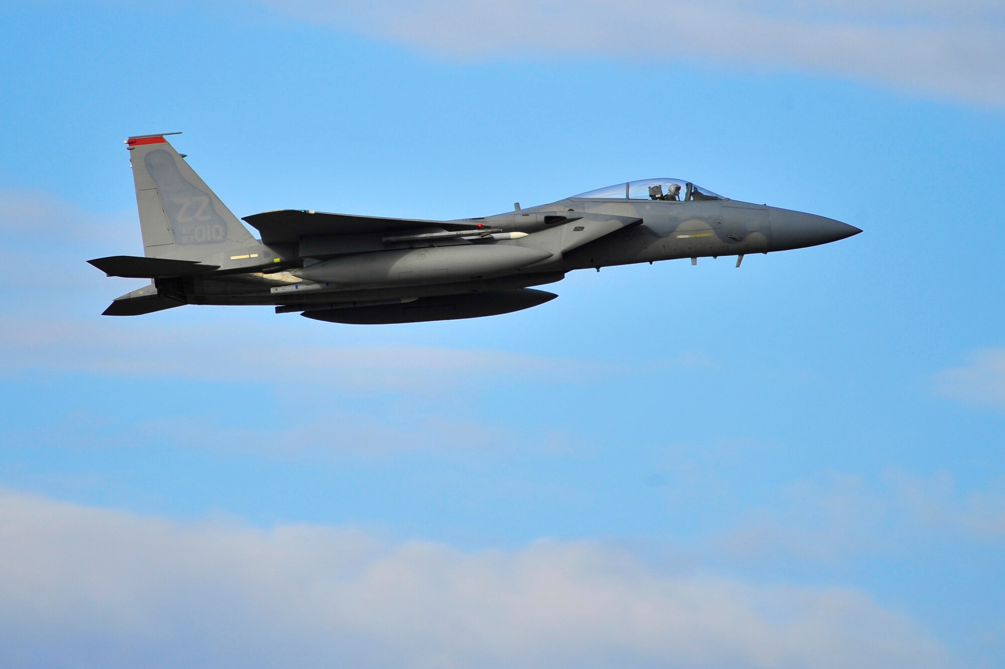 An F-15 Eagle launches from the runway during RED FLAG-Alaska, April 26, 2011, Eielson Air Force Base, Alaska. RF-A provides unique opportunities to integrate various forces into joint, coalition and bilateral training from simulated forward operating bases. The F-15 is assigned to the 44th Fighter Squadron, Kadena Air Base, Japan. (U.S. Air Force photo/Staff Sgt. Christopher Boitz)