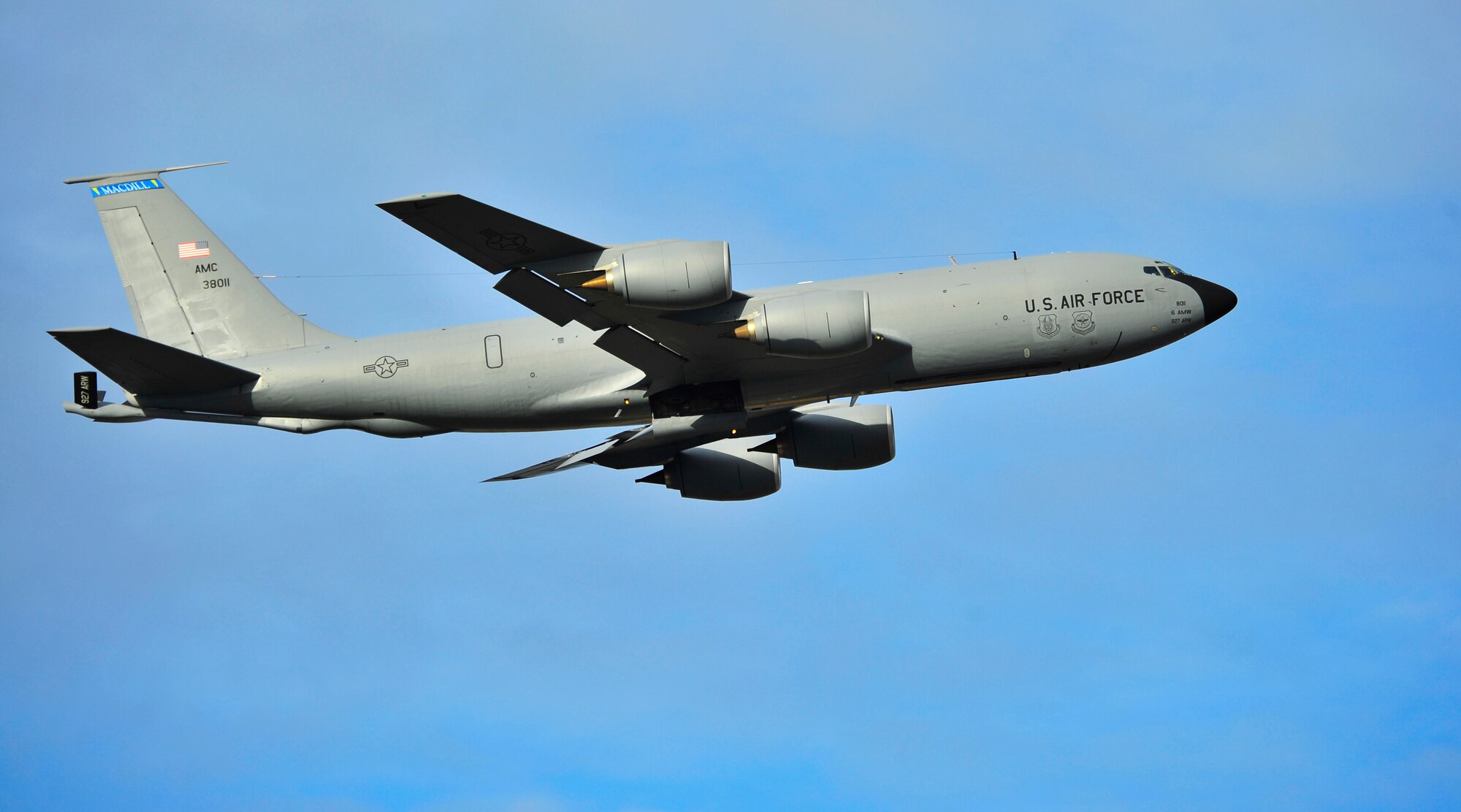A KC-135 Stratotanker launches from the runway during RED FLAG-Alaska, April 26, 2011, Eielson Air Force Base, Alaska. RF-A provides unique opportunities to integrate various forces into joint, coalition and bilateral training from simulated forward operating bases. The Stratotanker is assigned to 91st Air Refueling Squadron, MacDill AFB, Fla. (U.S. Air Force photo/Staff Sgt. Christopher Boitz)