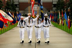 JOINT BASE CHARLESTON, S.C. (April 22, 2011) Left, Electronics Technician 3rd Class Richard Hinkle, Machinist’s Mate 3rd Class Eric Lucas, Electronics Technician 3rd Class Thomas Nickle and Electrician’s Mate 3rd Class Justin Joseph, the Navy Nuclear Power Training Command Color Guard, present Colors during the NNPTC graduation ceremony at Joint Base Charleston-Weapons Station, April 22.  The ceremony honored more than 400 Sailors graduating from NNPTC. (U.S. Navy photo/Machinist’s Mate 3rd Class Brannon Deugan)
