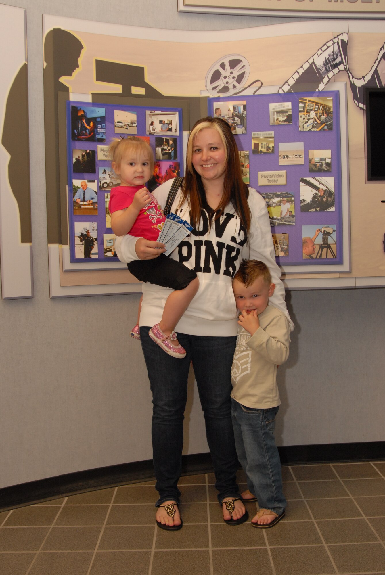 Brandy Croop, with her son Caleb and daughter Hannah, were among the three winners of the Dodgers tickets. (Air Force photo by Jet Fabara)