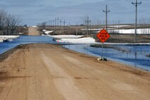 WARD COUNTY, N.D. – Access roads, like this one, show the effects of elevated water levels here April 13. The base is prepared to handle these types of events through robust readiness plans and are taking the appropriate steps to mitigate the effects of increased water levels. (U.S. Air Force photo/Airman 1st Class Aaron-Forrest Wainwright)
