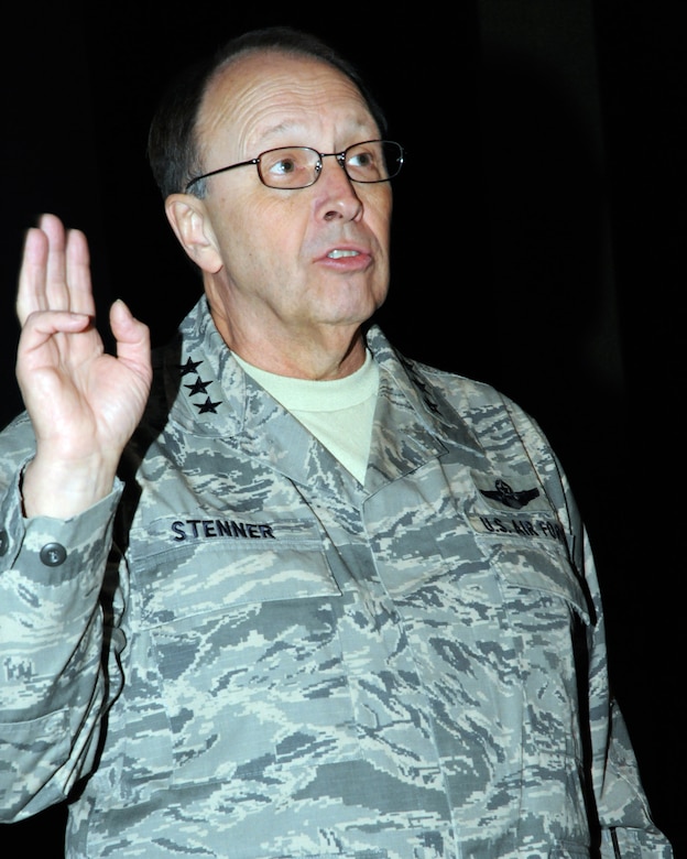 Citizen Airmen assigned to 10th Air Force and 301st Fighter Wing were greeted by Lt. Gen. Charles E. Stenner, commander of Air Force Reserve Command, April 21 with a town hall meeting discussing the current the state of the Air Force Reserve, along with areas the command is focusing on. (U.S. Air Force photo/Master Sgt. Josh Woods)