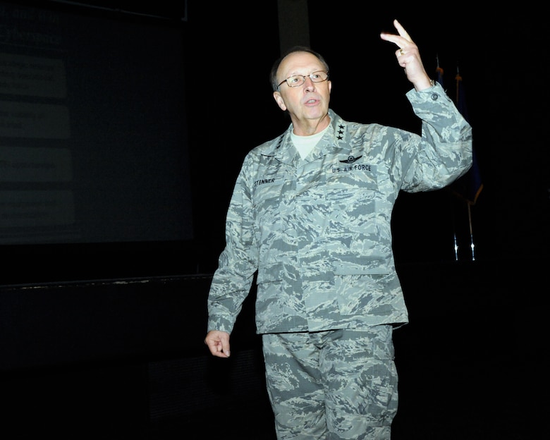 Citizen Airmen assigned to 10th Air Force and 301st Fighter Wing were greeted by Lt. Gen. Charles E. Stenner, commander of Air Force Reserve Command, April 21 with a town hall meeting discussing the current the state of the Air Force Reserve, along with areas the command is focusing on. (U.S. Air Force photo/Master Sgt. Josh Woods)