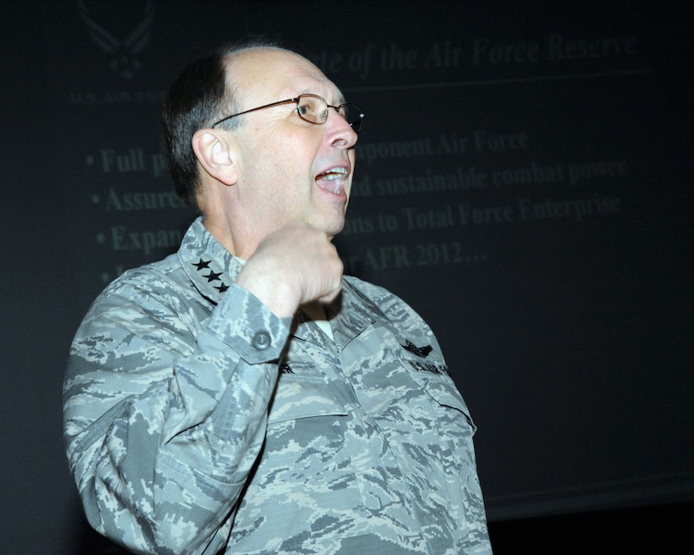 Citizen Airmen assigned to 10th Air Force and 301st Fighter Wing were greeted by Lt. Gen. Charles E. Stenner, commander of Air Force Reserve Command, April 21 with a town hall meeting discussing the current the state of the Air Force Reserve, along with areas the command is focusing on. (U.S. Air Force photo/Master Sgt. Josh Woods)