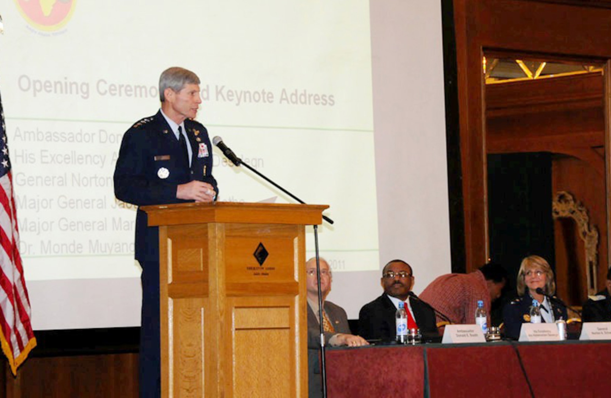 Air Force Chief of Staff Gen. Norton Schwartz addresses attendees of the African Air Chiefs Conference April 26, 2011, in Addis Ababa, Ethiopia. Senior leaders from 24 African air forces, U.S. Africa Command, and civilian aviation agencies attended the three-day conference to discuss common aviation issues and focus on the shared goals and challenges of building air partnerships across Africa. (U.S. Air Force photo/Staff Sgt. Stefanie Torres)