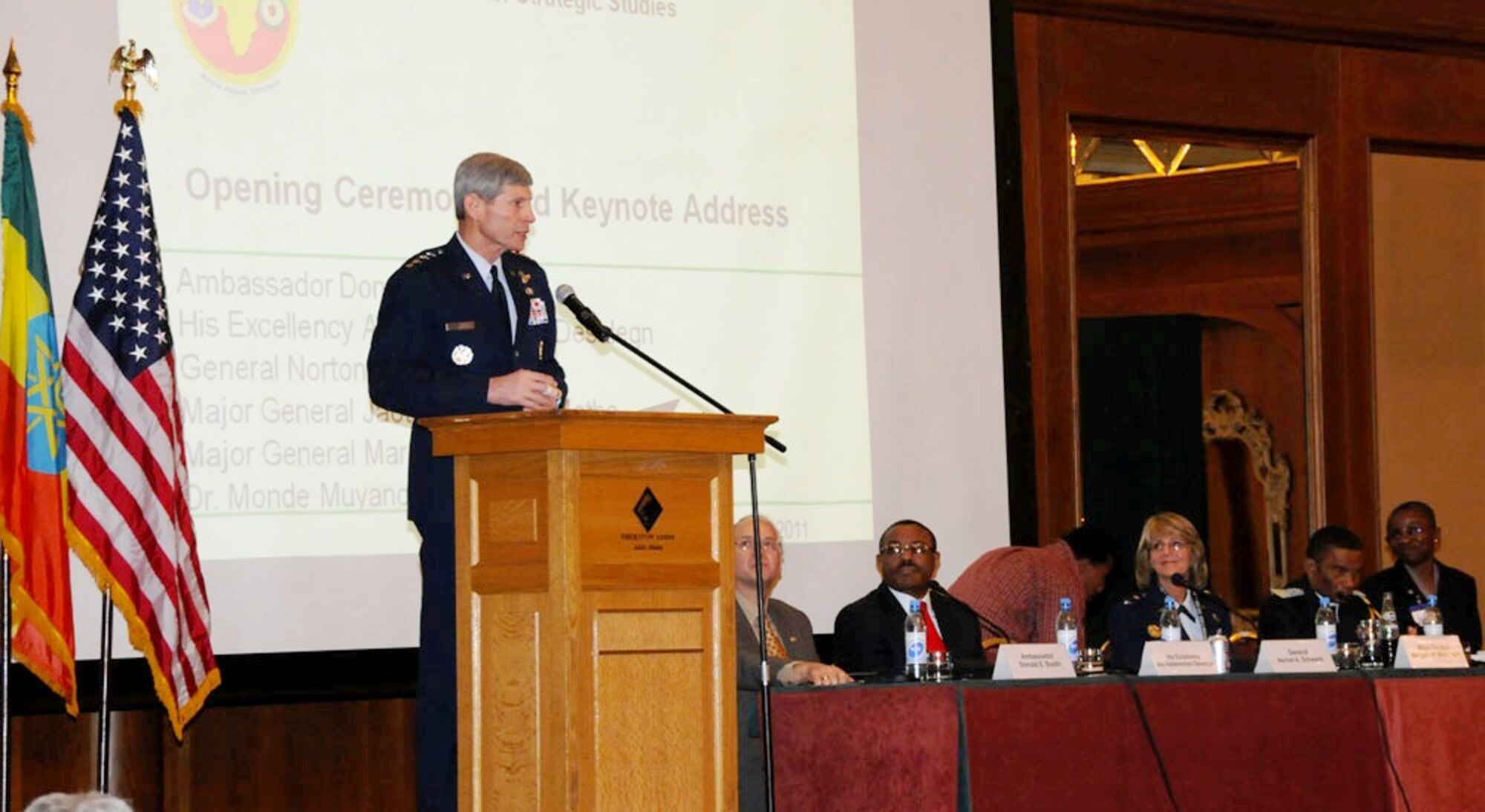 ADDIS ABABA, Ethiopia -- Air Force Chief of Staff Gen. Norton Schwartz addresses attendees of the African Air Chiefs Conference April 26, 2011, here. 
Senior leaders from 24 African air forces, U.S. Africa Command, and civilian aviation agencies attended the three-day conference to discuss common aviation issues, and focus on the shared goals and challenges of building air partnerships across Africa. (U.S. Air Force photo/Staff Sgt. Stefanie
Torres)
