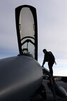 EIELSON AIR FORCE BASE, Alaska – Capt. Brian Wagner, 80th Fighter Squadron pilot, gets into his F-16 Fighting Falcon to fly a simulated combat sortie April 20 during RED FLAG-Alaska at Eielson Air Force Base. RF-A is a Pacific Air Forces-directed field training exercise for the United States and allied forces to train under simulated air-combat situations. (U.S. Air Force photo/Staff Sgt. Thomas Skinkle)