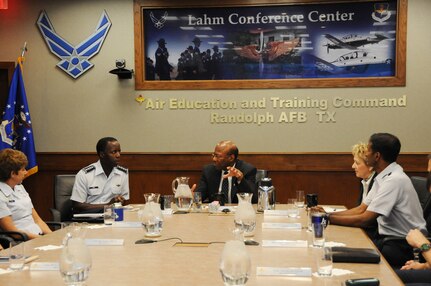 Dr. Clifford Stanley, Under Secretary of Defense for Personnel and Readiness, attends an Air Education and Training Command mission brief in the Llam Conference Room at Randolph Air Force Base, Texas, April 27. (U.S. Air Force photo/Melissa Peterson)