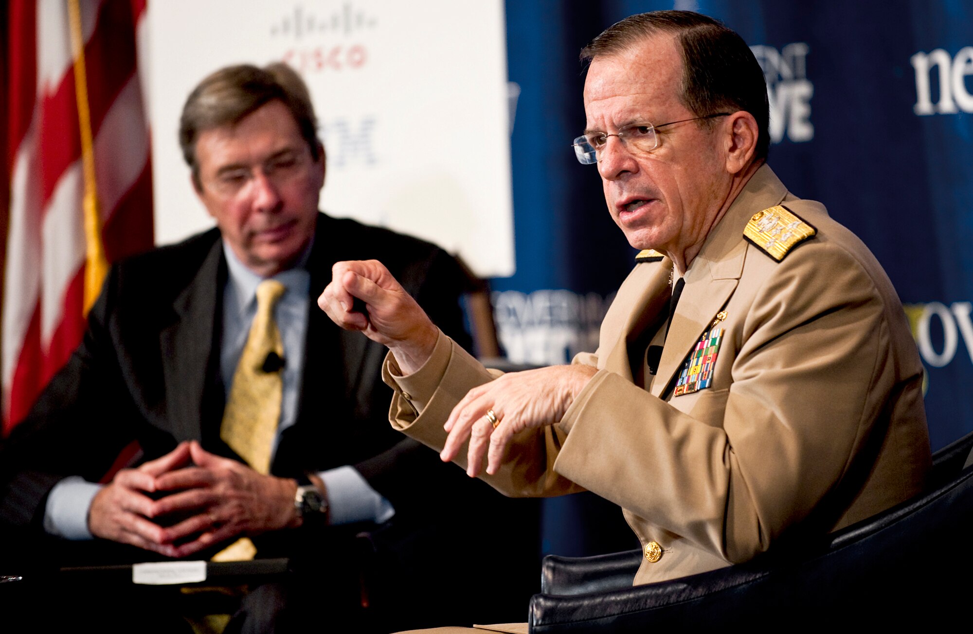 Navy Adm. Mike Mullen, the chairman of the Joint Chiefs of Staff, addresses participants at the leadership breakfast for the Government Executive Media Groups April 28, 2011, at the National Press Club in Washington. (Defense Department photo/Petty Officer 1st Class Chad J. McNeeley)