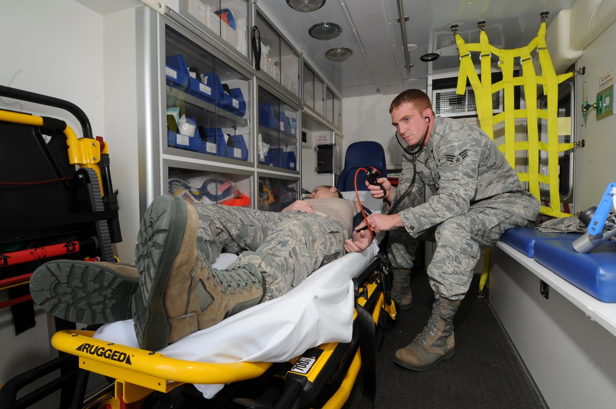 Air Force Senior Airman, Ralph Debiase, 92nd Medical Group medical technician, checks the vital signs of a patient April 14, 2011 at Fairchild AFB, Wash.Airman Debiase is a Conneaut, Ohio, native and has been stationed at Fairchild for two years. (U.S. Air Force photo/ Tech Sgt. JT May III)