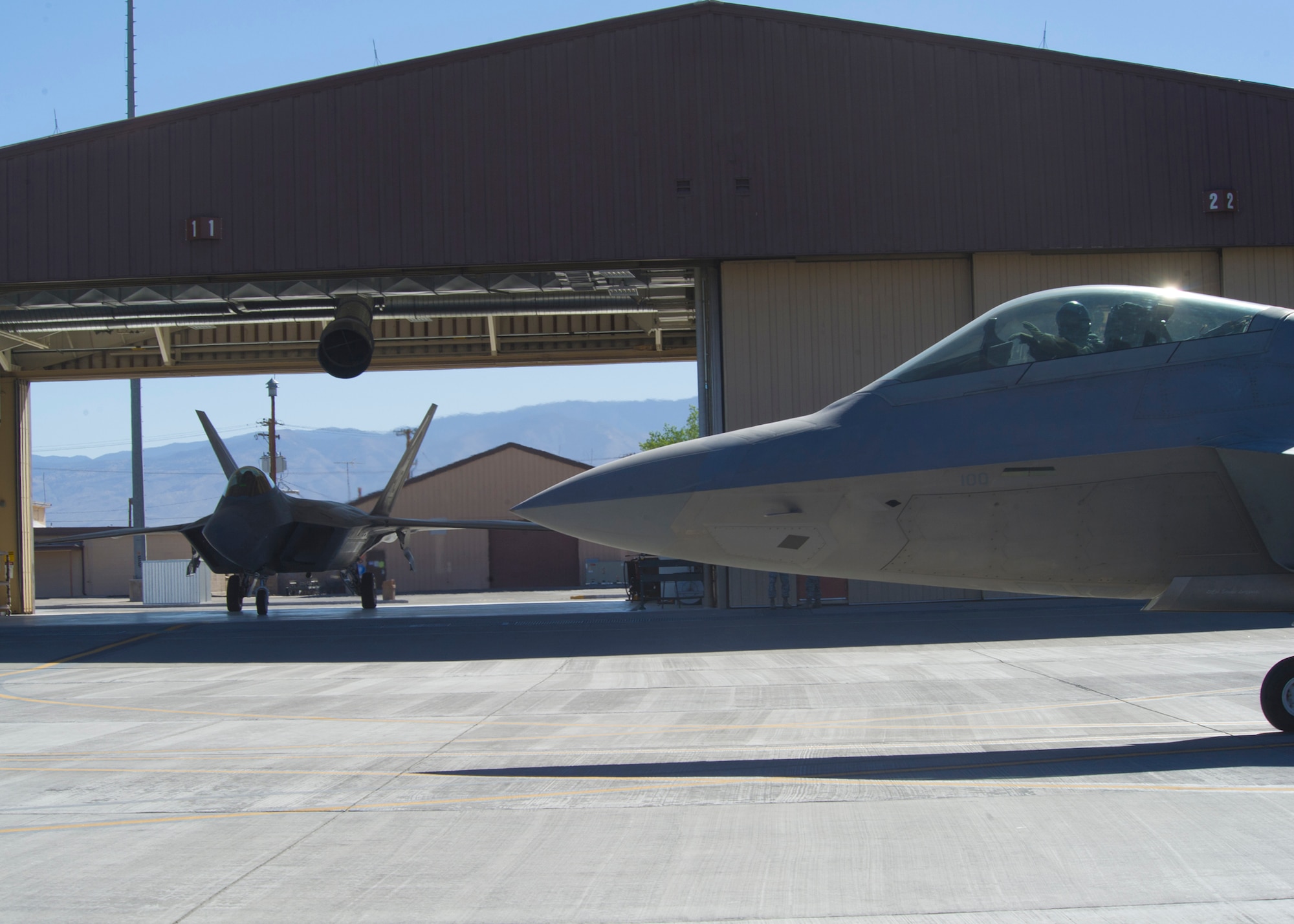 HOLLOMAN AIR FORCE BASE, N.M. -- An F-22 Raptor taxis down the  “Canyon” to be launched, April 27, 2011, in support of the 49th Wing’s Operational Readiness Inspection. The purpose of an ORI is to show the Air Combat Command Inspector General team that Team Holloman can quickly transition from peacetime readiness to a wartime posture. (U.S. Air Force photo by Airman 1st Class Eileen Payne/Released)