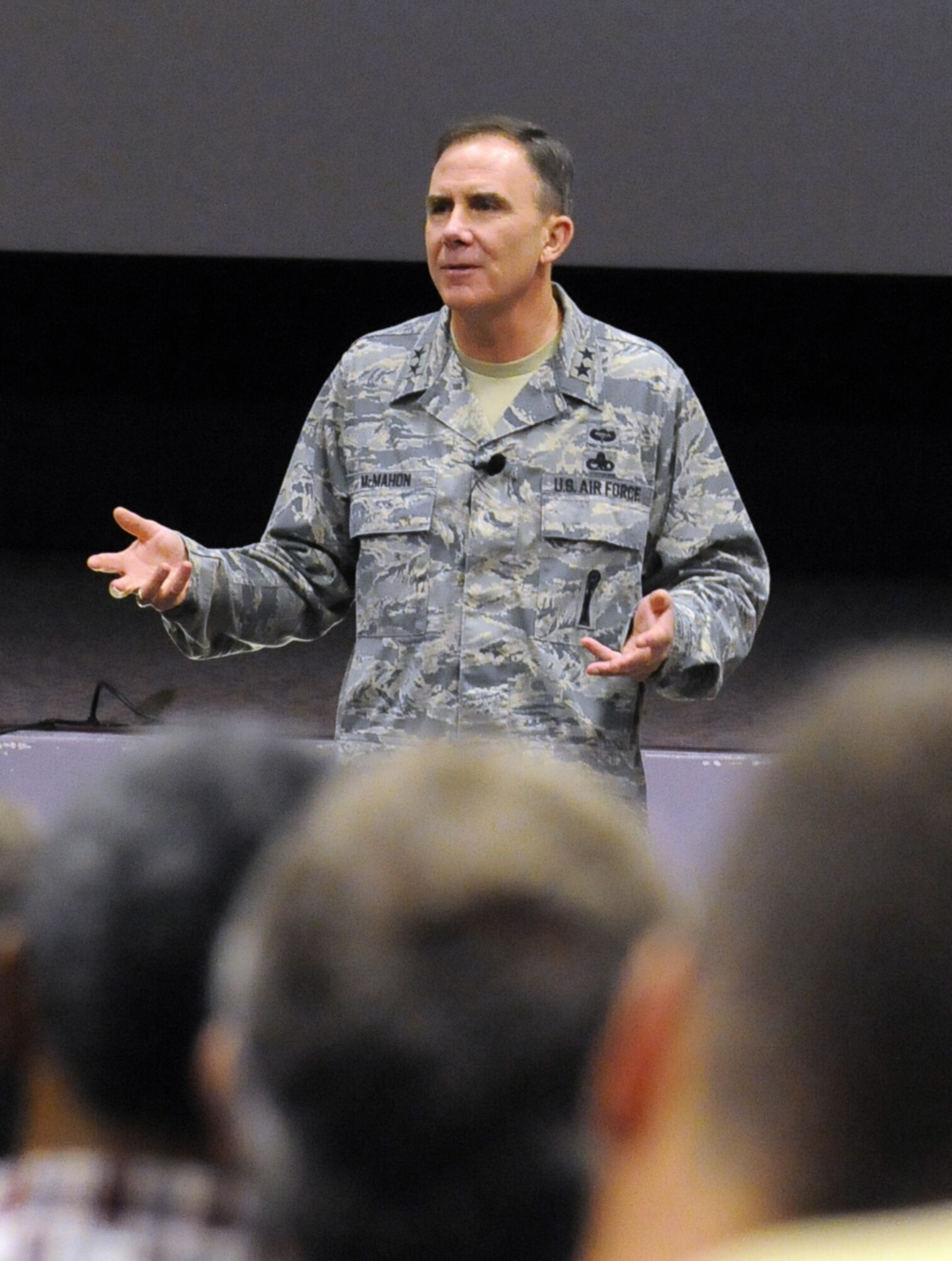 Maj. Gen. Robert McMahon lays out his expectations to WR-ALC supervisors during a commanders call Wednesday. U.S. Air Force photo by Sue Sapp